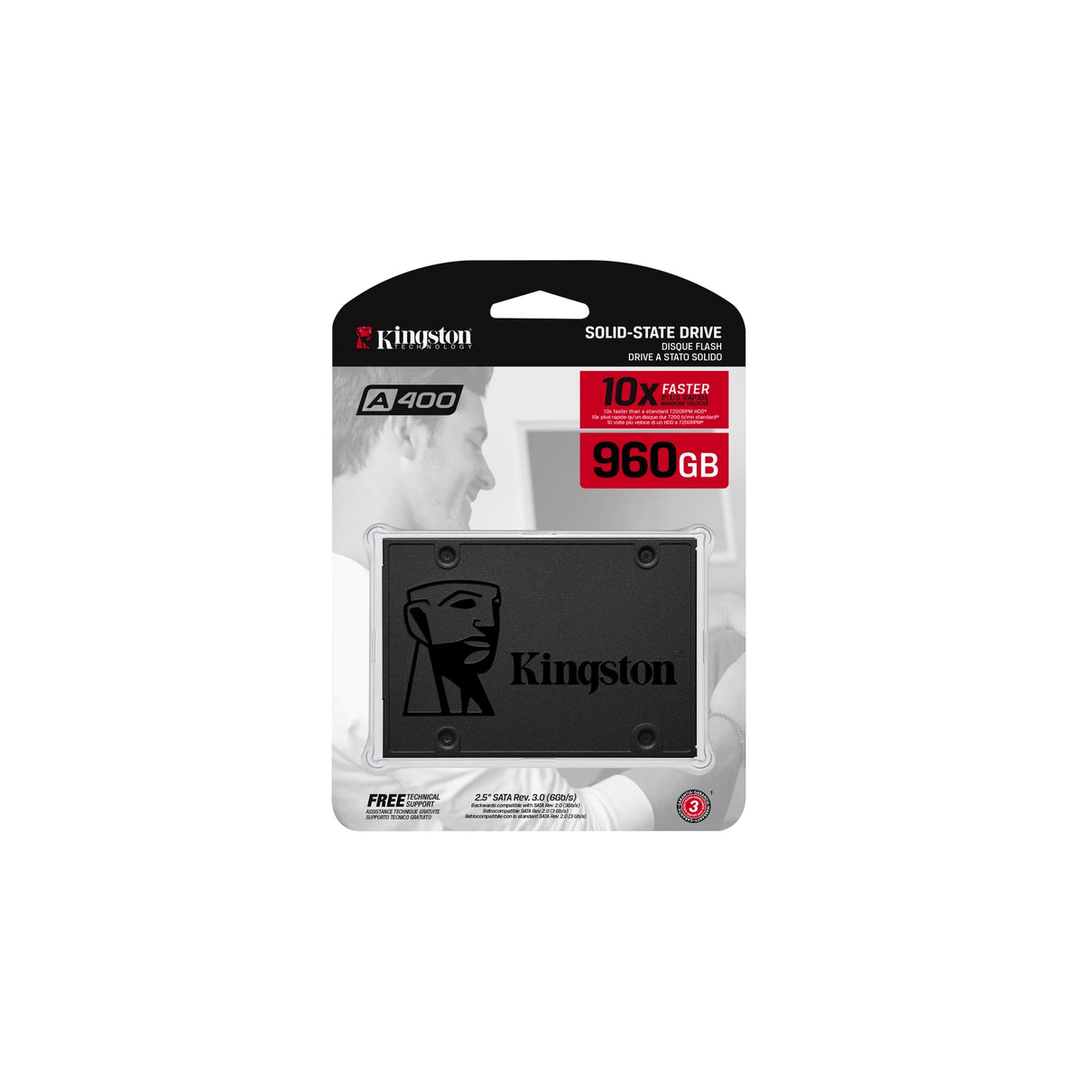Kingston A400 960 Go — vue de l’emballage 1 du SSD sur fond blanc carré — réf. SA400S37/960G