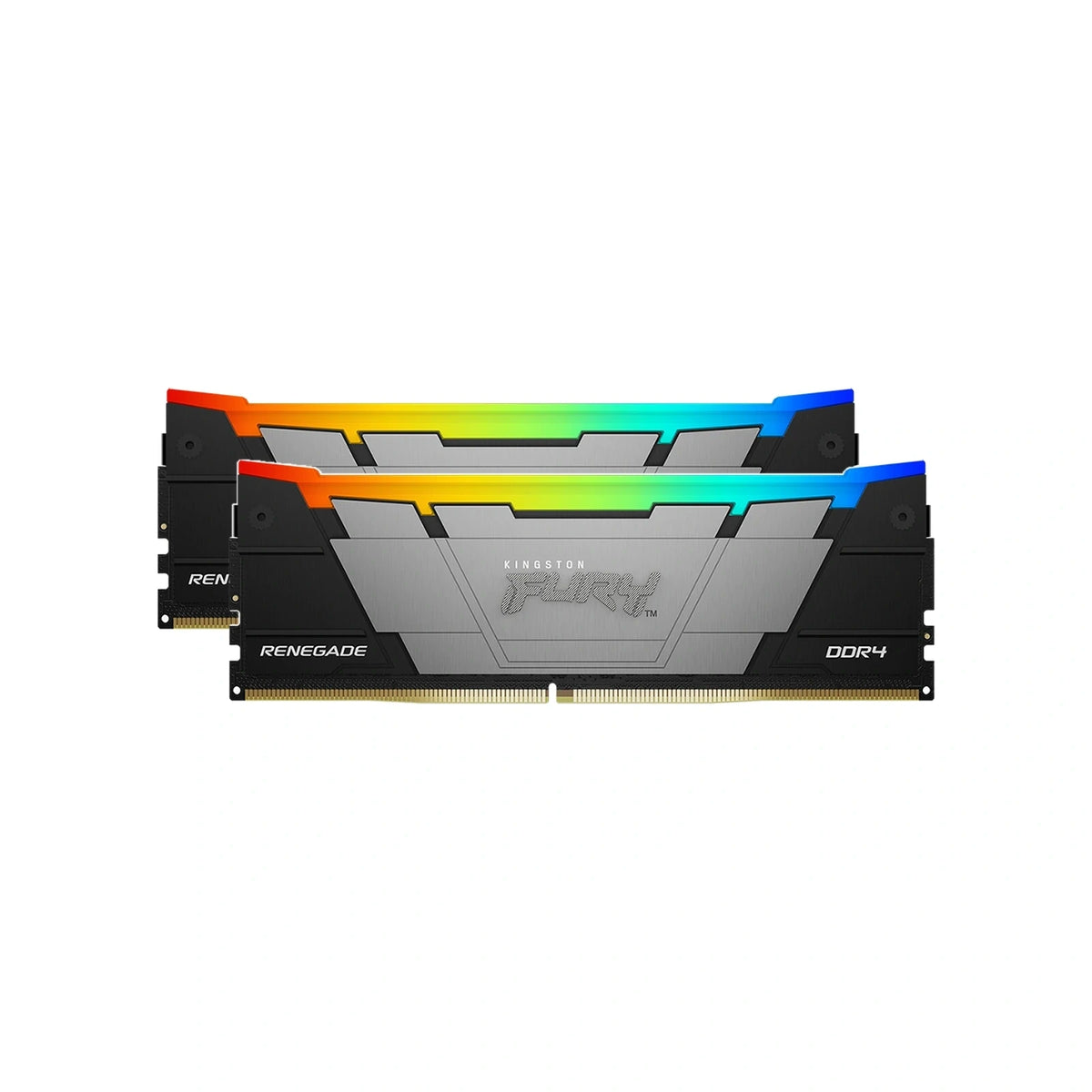 Kingston FURY Renegade RGB 32 Go (2×16 Go) DDR4-3600 CL16 Noir — KF436C16RB12AK2/32 – vue principale carrée sur fond blanc montrant les 2 barrettes du kit