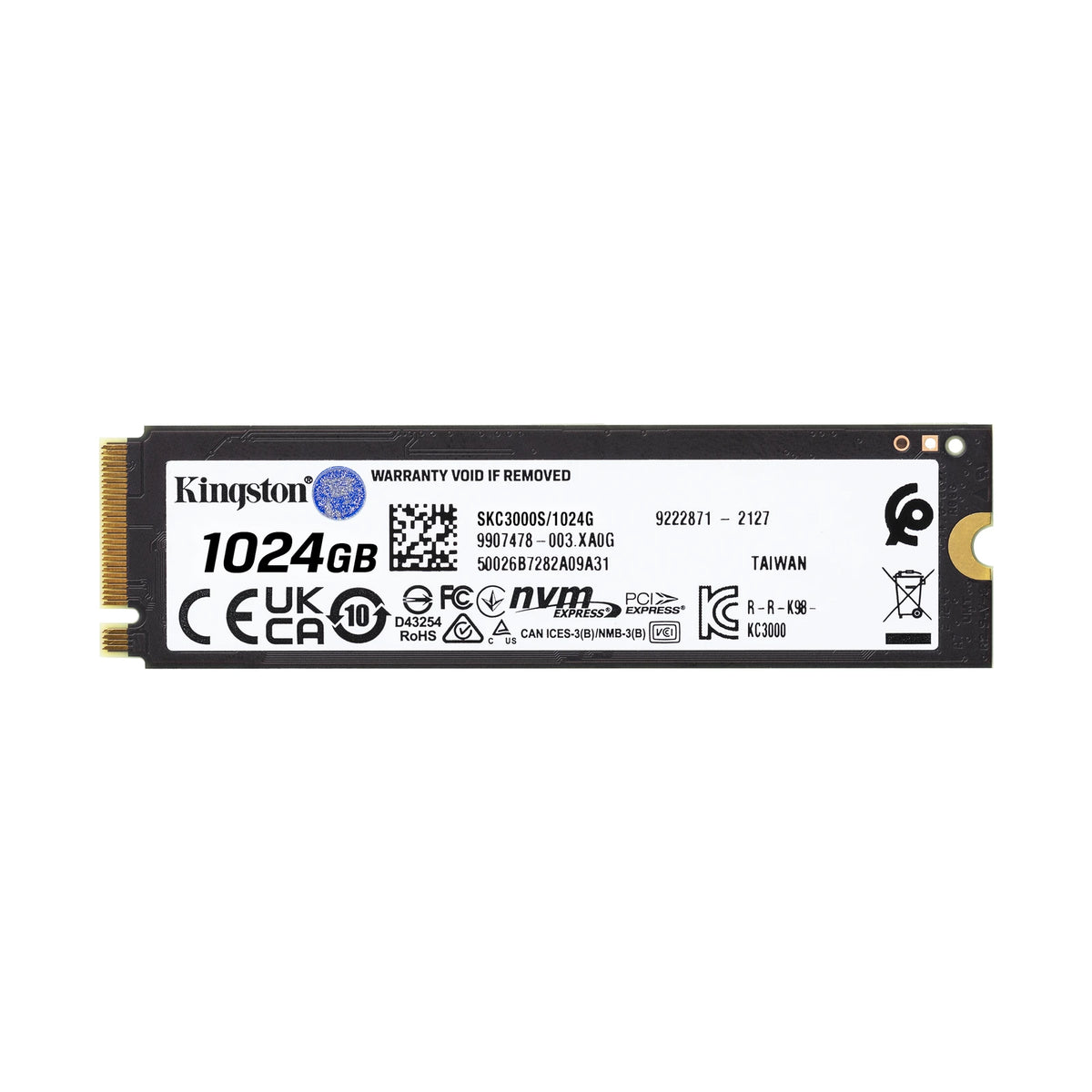 Kingston KC3000 1 To — vue produit 2 du SSD sur fond blanc carré — réf. SKC3000S/1024G