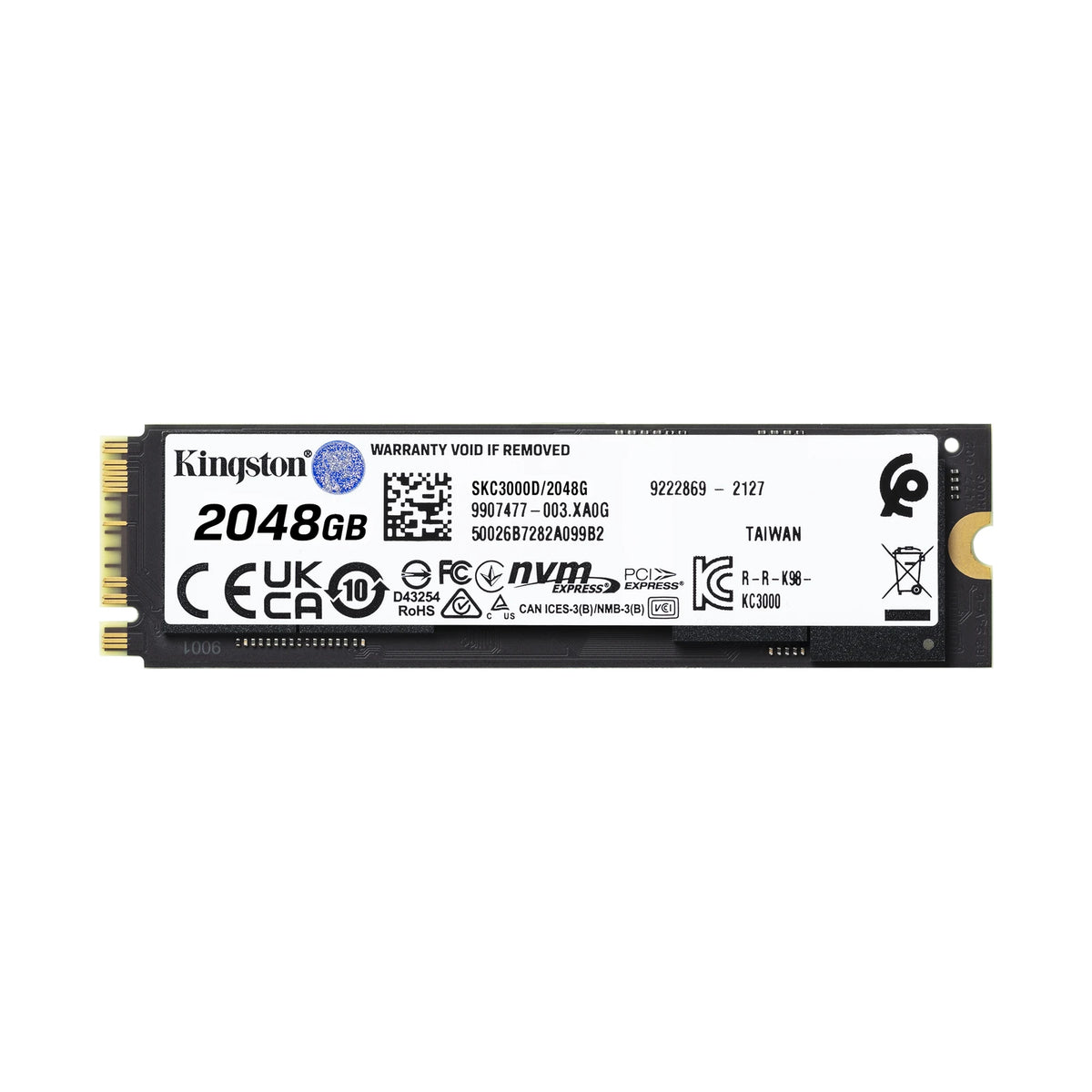 Kingston KC3000 2 To — vue produit 2 du SSD sur fond blanc carré — réf. SKC3000D/2048G