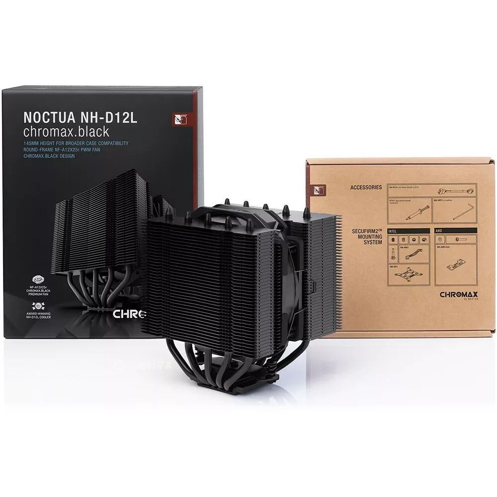 Noctua NH-D12L chromax.black — vue produit 4 du ventirad CPU sur fond blanc — réf. NH-D12L CHROMAX.BLACK