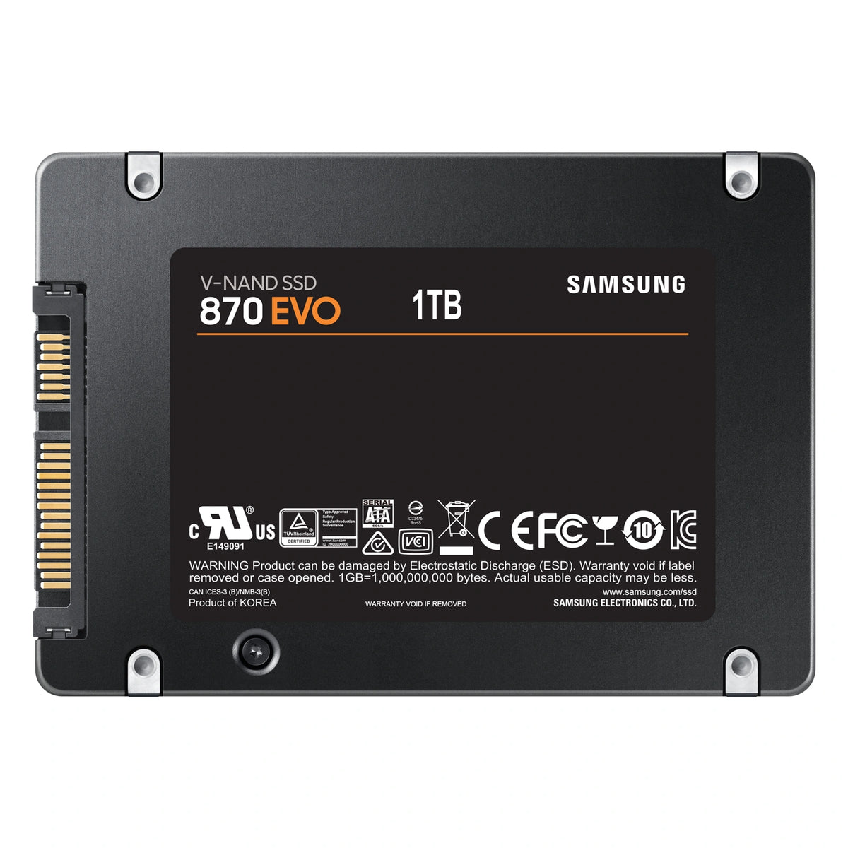 Samsung 870 EVO 1 To — vue arrière du SSD SATA 2,5 pouces sur fond blanc carré — réf. MZ-77E1T0B/EU