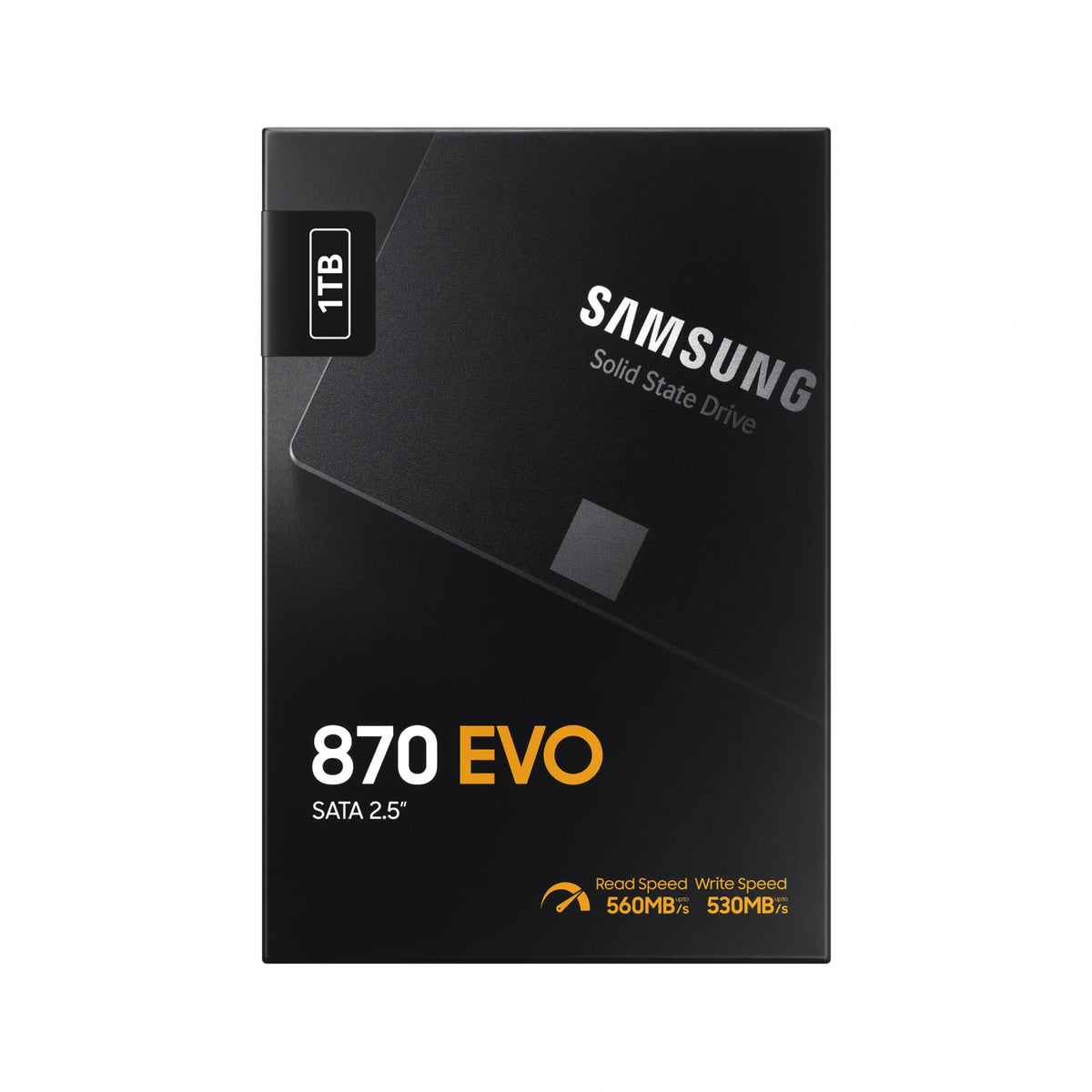 Samsung 870 EVO 1 To — face de l’emballage du SSD SATA 2,5 pouces sur fond blanc carré — réf. MZ-77E1T0B/EU