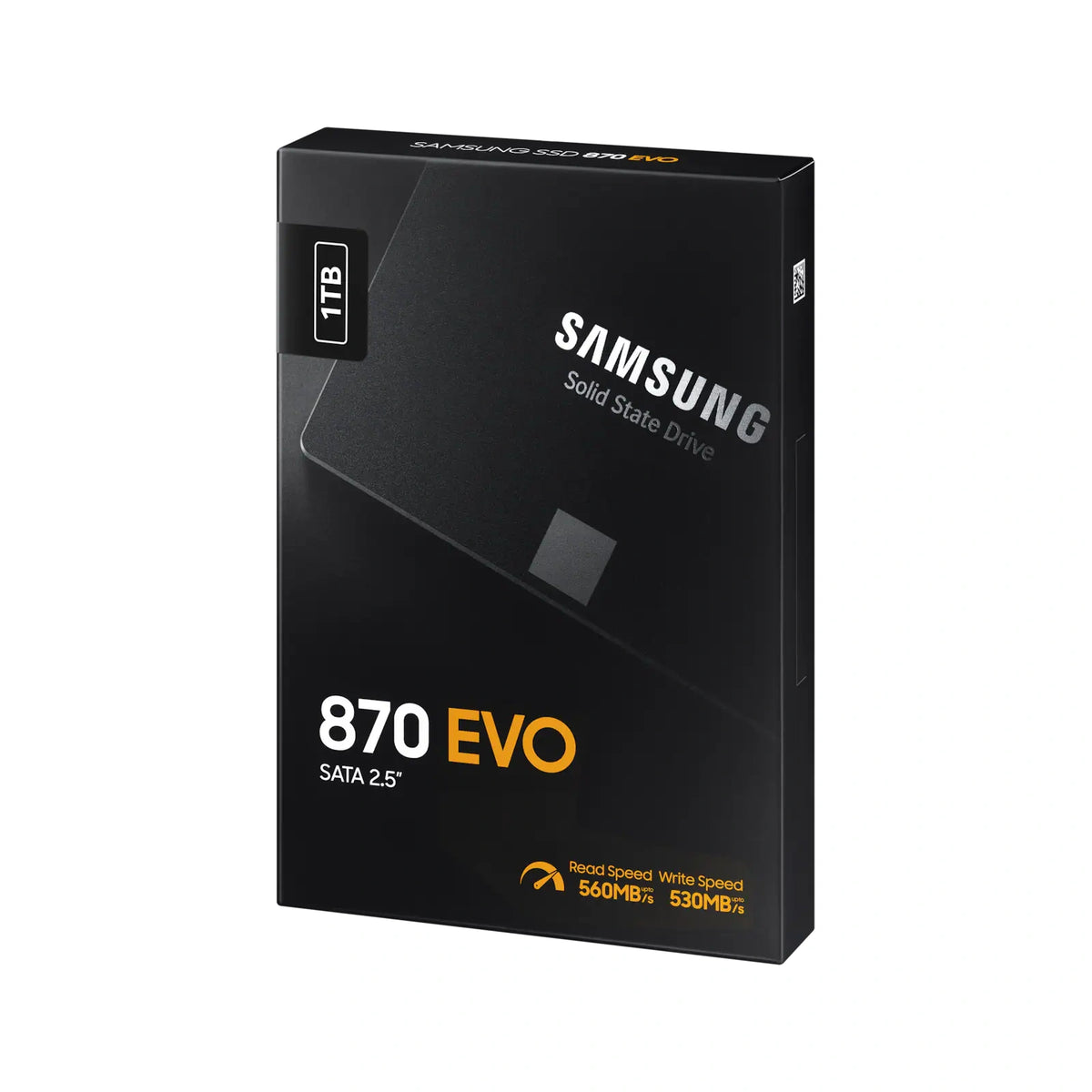 Samsung 870 EVO 1 To — emballage en perspective du SSD SATA 2,5 pouces sur fond blanc carré — réf. MZ-77E1T0B/EU