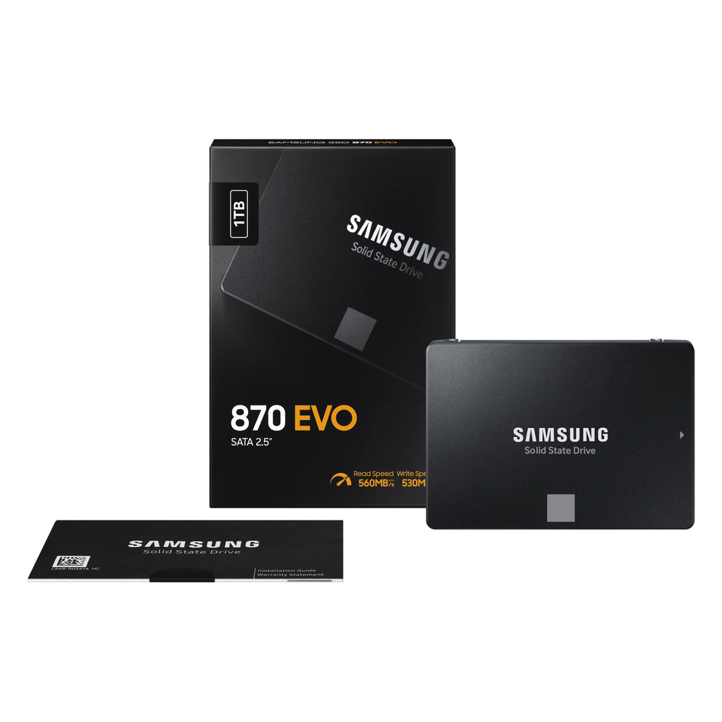 Samsung 870 EVO 1 To — contenu de la boîte du SSD SATA 2,5 pouces sur fond blanc carré — réf. MZ-77E1T0B/EU