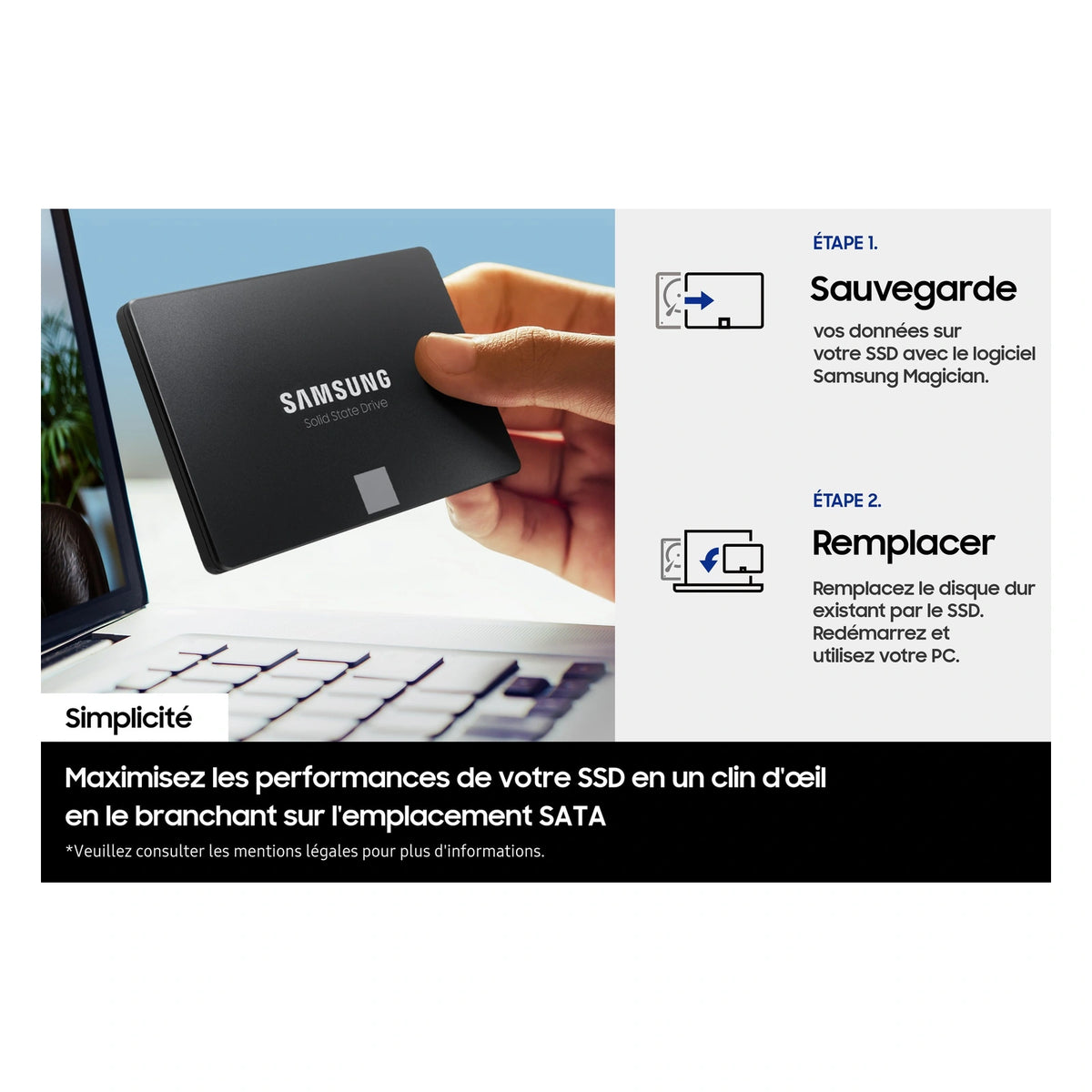 Samsung 870 EVO 1 To — migration et remplacement du SSD du SSD SATA 2,5 pouces sur fond blanc carré — réf. MZ-77E1T0B/EU