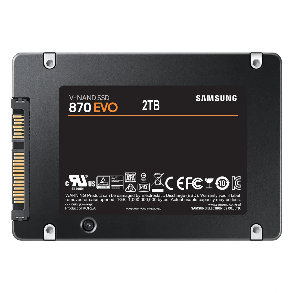 Samsung 870 EVO 2 To — vue arrière du SSD SATA 2,5 pouces sur fond blanc carré — réf. MZ-77E2T0B/EU