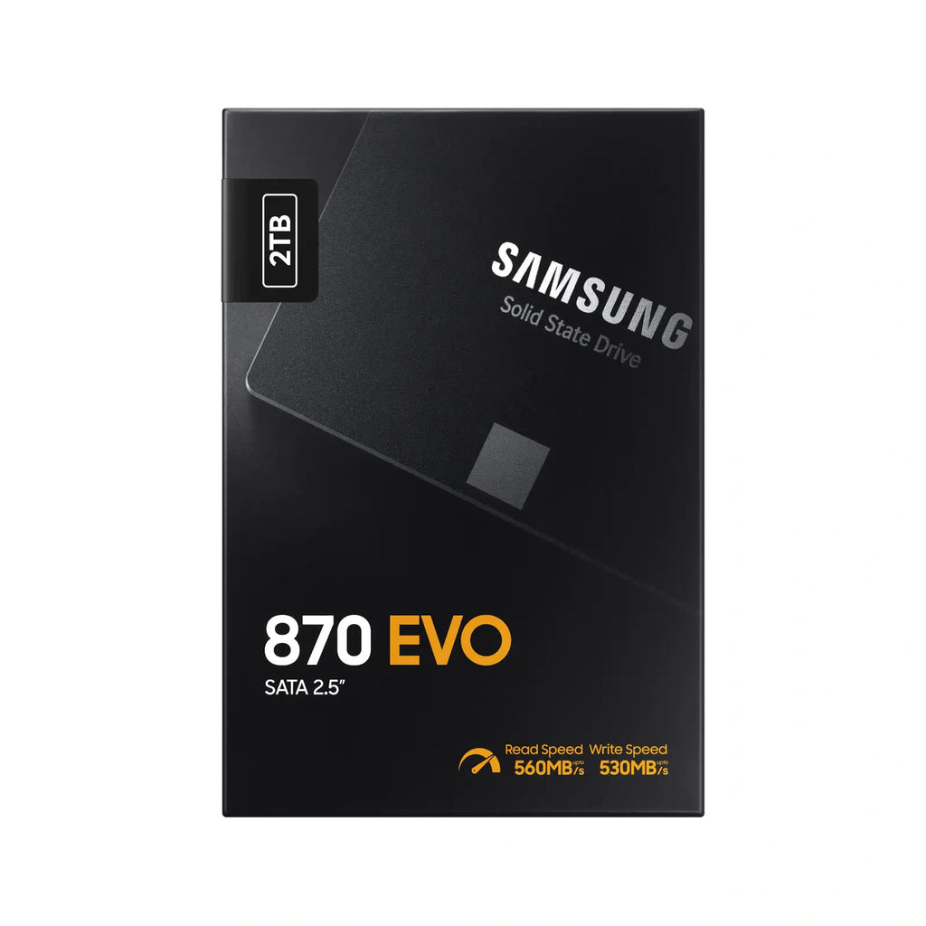 Samsung 870 EVO 2 To — face de l’emballage du SSD SATA 2,5 pouces sur fond blanc carré — réf. MZ-77E2T0B/EU