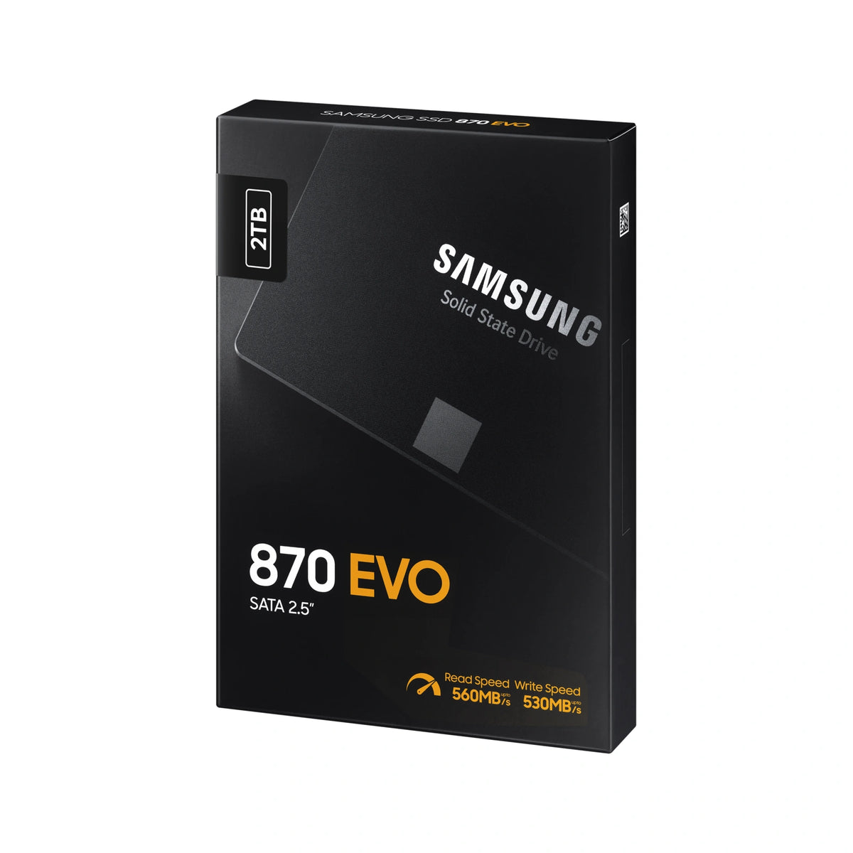 Samsung 870 EVO 2 To — emballage en perspective du SSD SATA 2,5 pouces sur fond blanc carré — réf. MZ-77E2T0B/EU