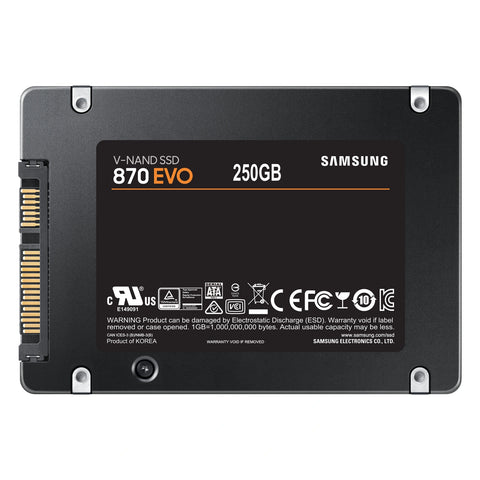 Samsung 870 EVO 250 Go — vue arrière du SSD SATA 2,5 pouces sur fond blanc carré — réf. MZ-77E250B/EU