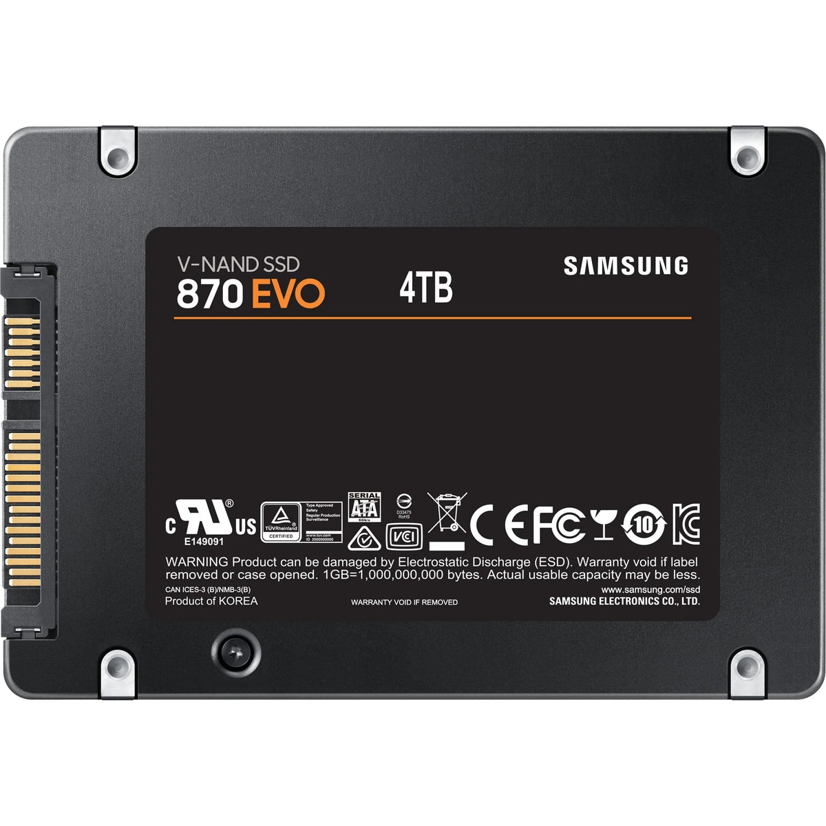 Samsung 870 EVO 4 To — vue arrière du SSD SATA 2,5 pouces sur fond blanc carré — réf. MZ-77E4T0B/EU