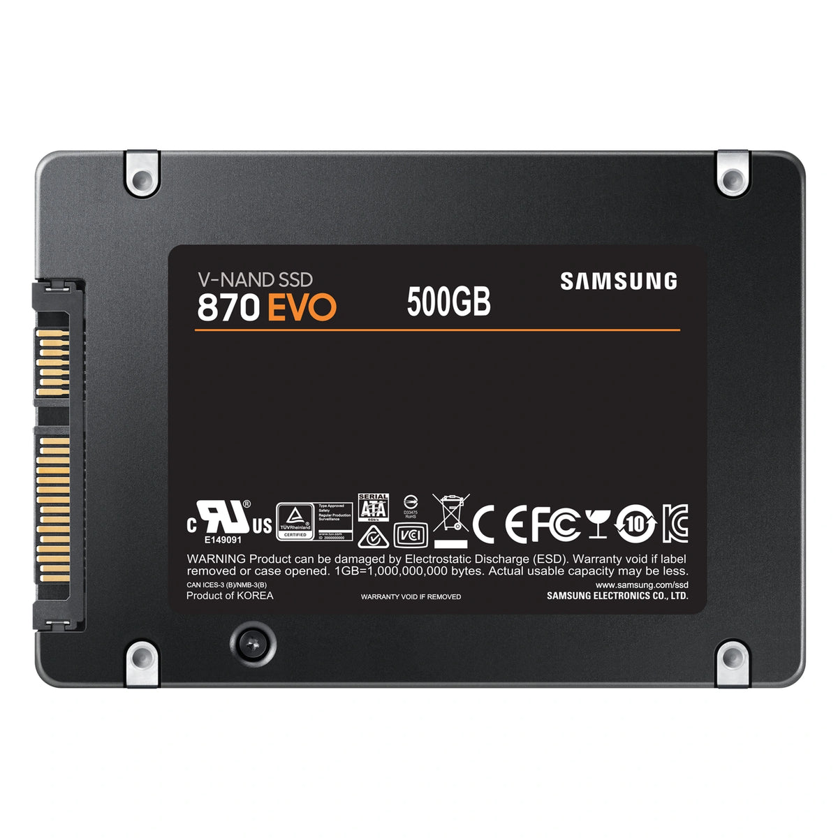 Samsung 870 EVO 500 Go — vue arrière du SSD SATA 2,5 pouces sur fond blanc carré — réf. MZ-77E500B/EU