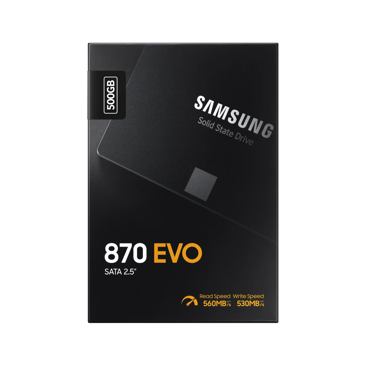 Samsung 870 EVO 500 Go — face de l’emballage du SSD SATA 2,5 pouces sur fond blanc carré — réf. MZ-77E500B/EU