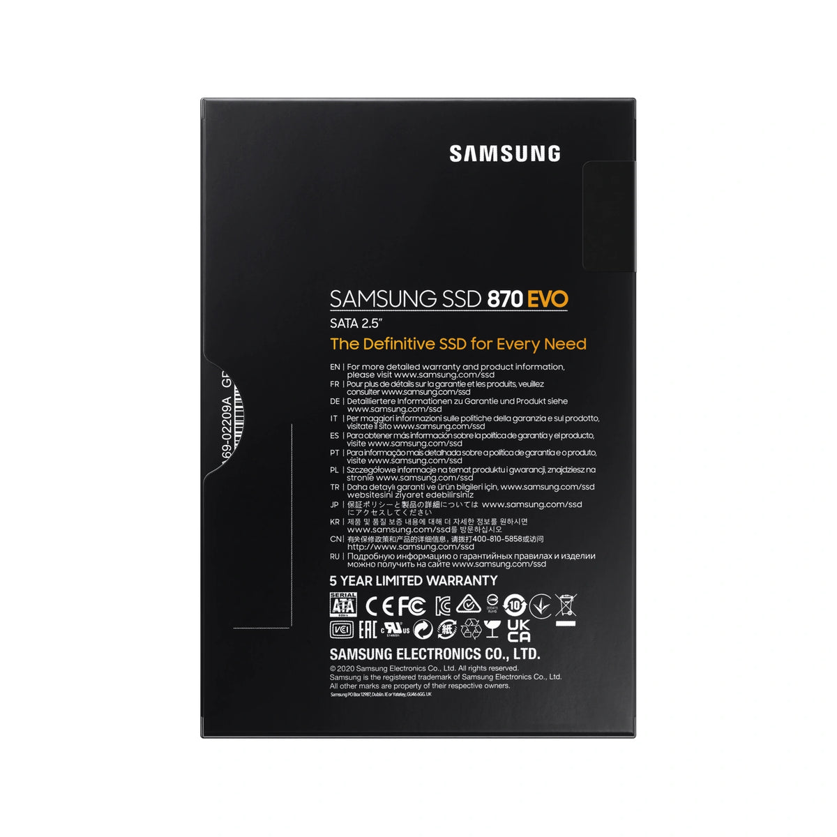 Samsung 870 EVO 500 Go — dos de l’emballage du SSD SATA 2,5 pouces sur fond blanc carré — réf. MZ-77E500B/EU