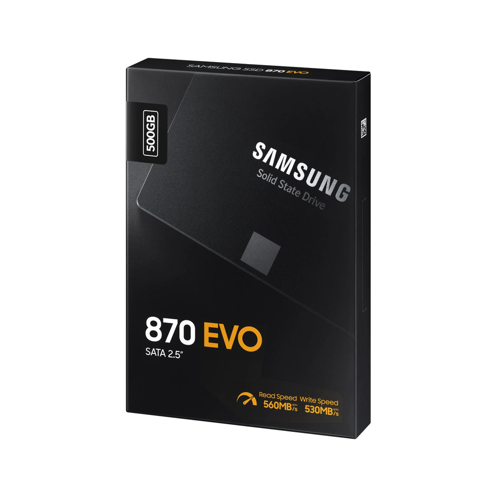 Samsung 870 EVO 500 Go — emballage en perspective du SSD SATA 2,5 pouces sur fond blanc carré — réf. MZ-77E500B/EU