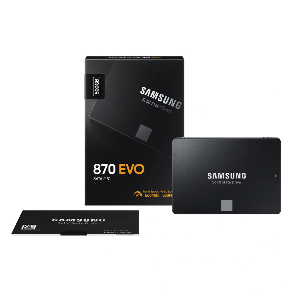 Samsung 870 EVO 500 Go — contenu de la boîte du SSD SATA 2,5 pouces sur fond blanc carré — réf. MZ-77E500B/EU