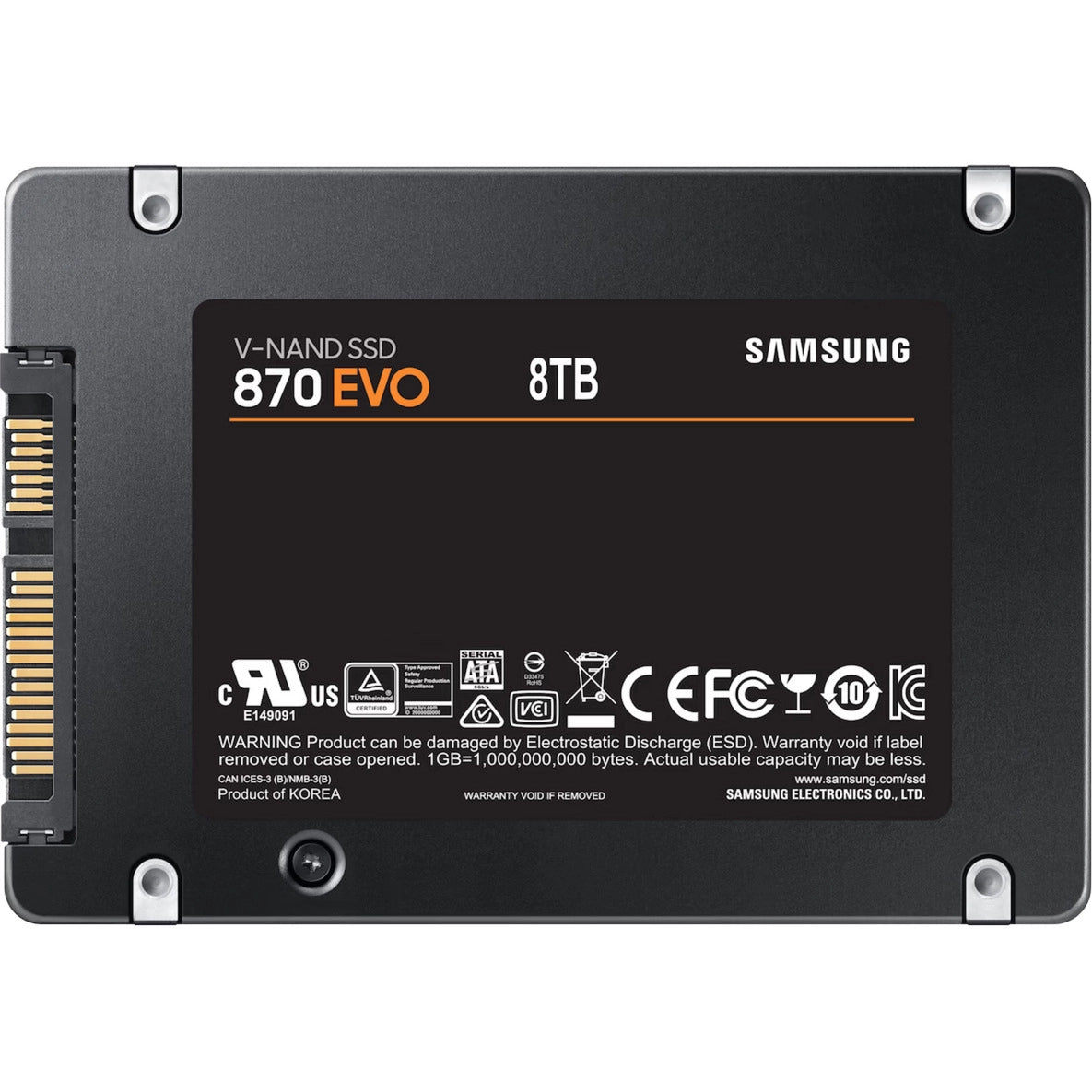Samsung 870 EVO 8 To — vue arrière du SSD SATA 2,5 pouces sur fond blanc carré — réf. MZ-77E8T0B/EU