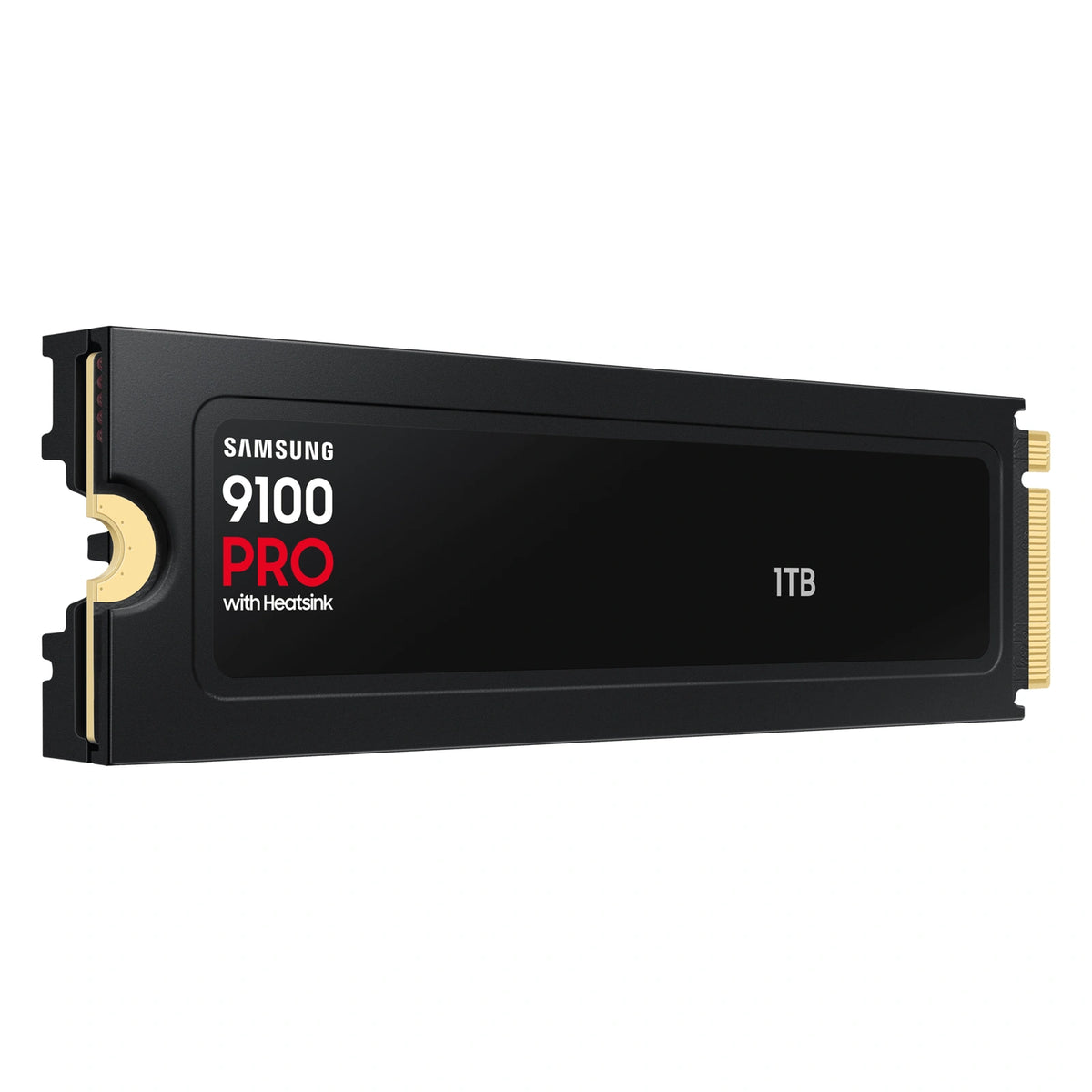 Samsung 9100 PRO 1 To avec dissipateur — vue en perspective gauche côté étiquette du SSD M.2 NVMe PCIe 5.0 x4 sur fond blanc carré — réf. MZ-VAP1T0CW