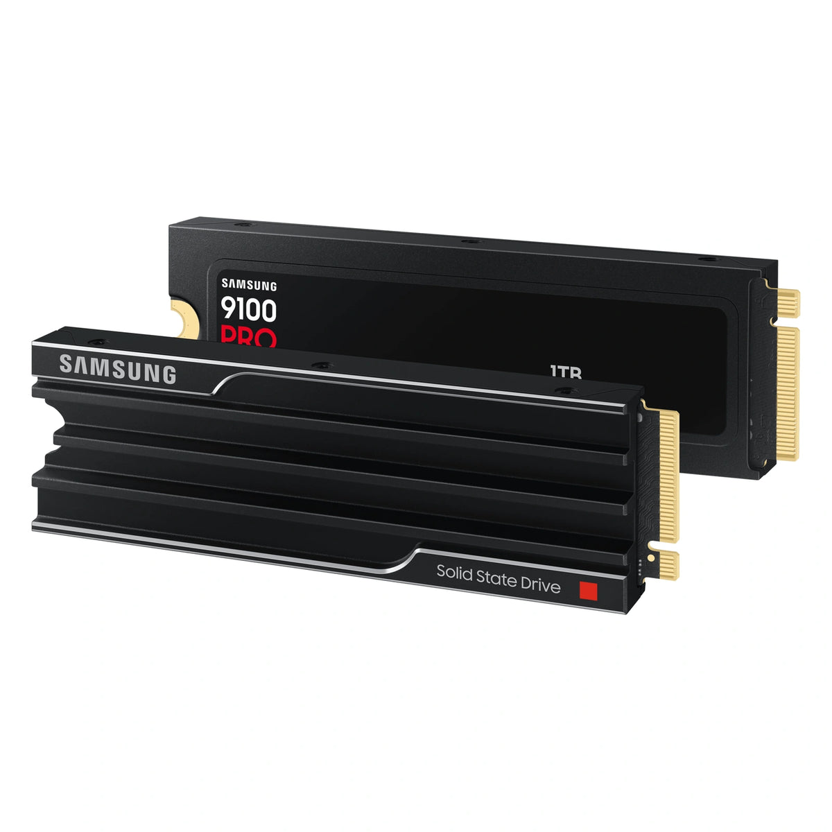 Samsung 9100 PRO 1 To avec dissipateur — double vue du SSD avec dissipateur du SSD M.2 NVMe PCIe 5.0 x4 sur fond blanc carré — réf. MZ-VAP1T0CW