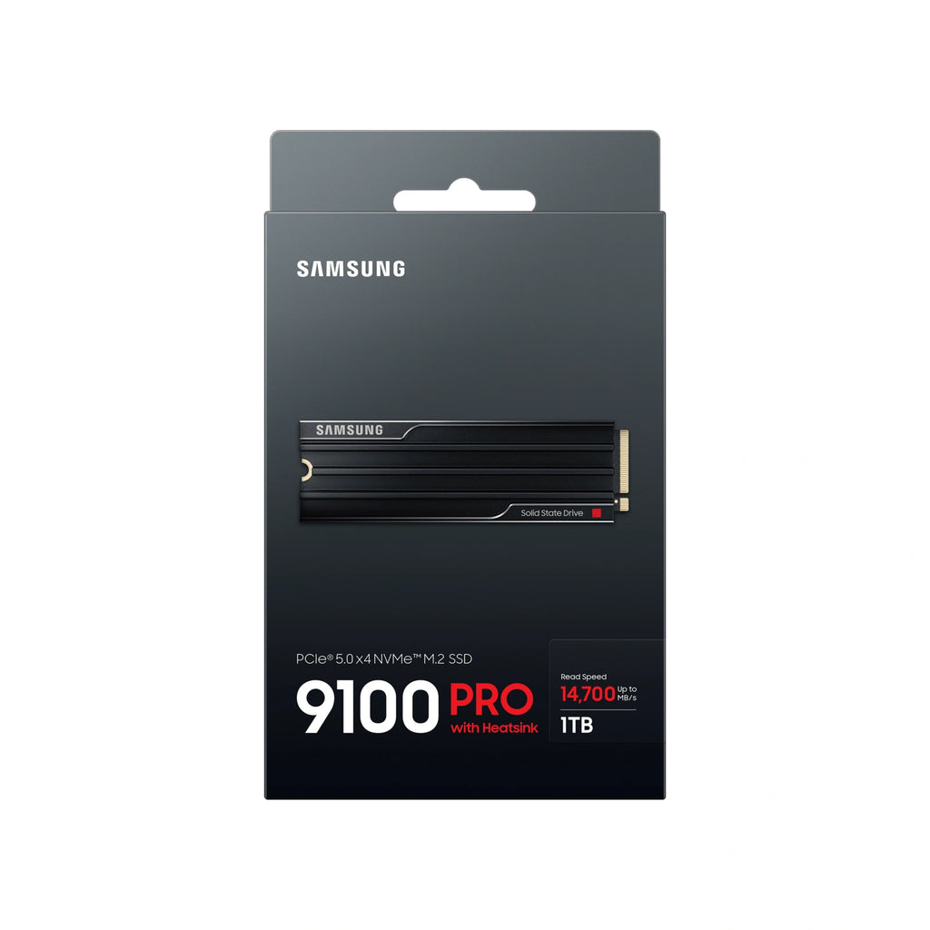 Samsung 9100 PRO 1 To avec dissipateur — face de l’emballage du SSD M.2 NVMe PCIe 5.0 x4 sur fond blanc carré — réf. MZ-VAP1T0CW