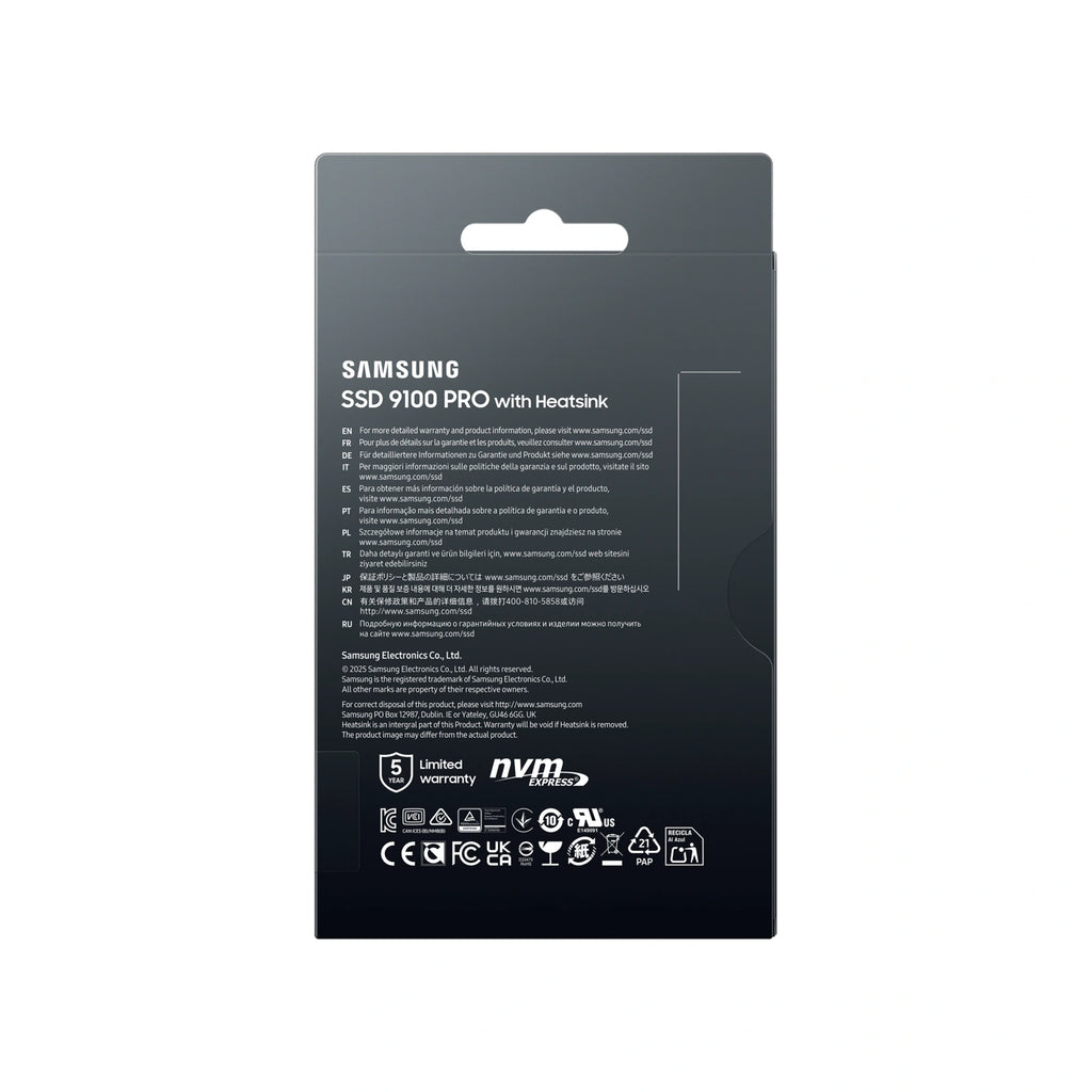 Samsung 9100 PRO 1 To avec dissipateur — dos de l’emballage du SSD M.2 NVMe PCIe 5.0 x4 sur fond blanc carré — réf. MZ-VAP1T0CW