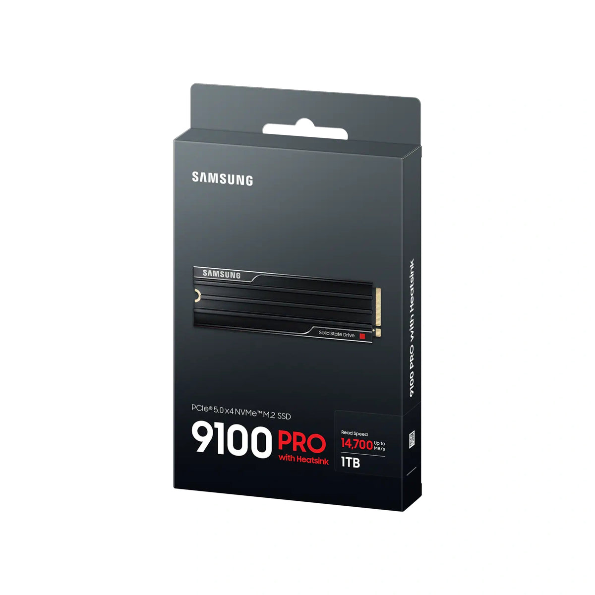 Samsung 9100 PRO 1 To avec dissipateur — emballage en perspective du SSD M.2 NVMe PCIe 5.0 x4 sur fond blanc carré — réf. MZ-VAP1T0CW