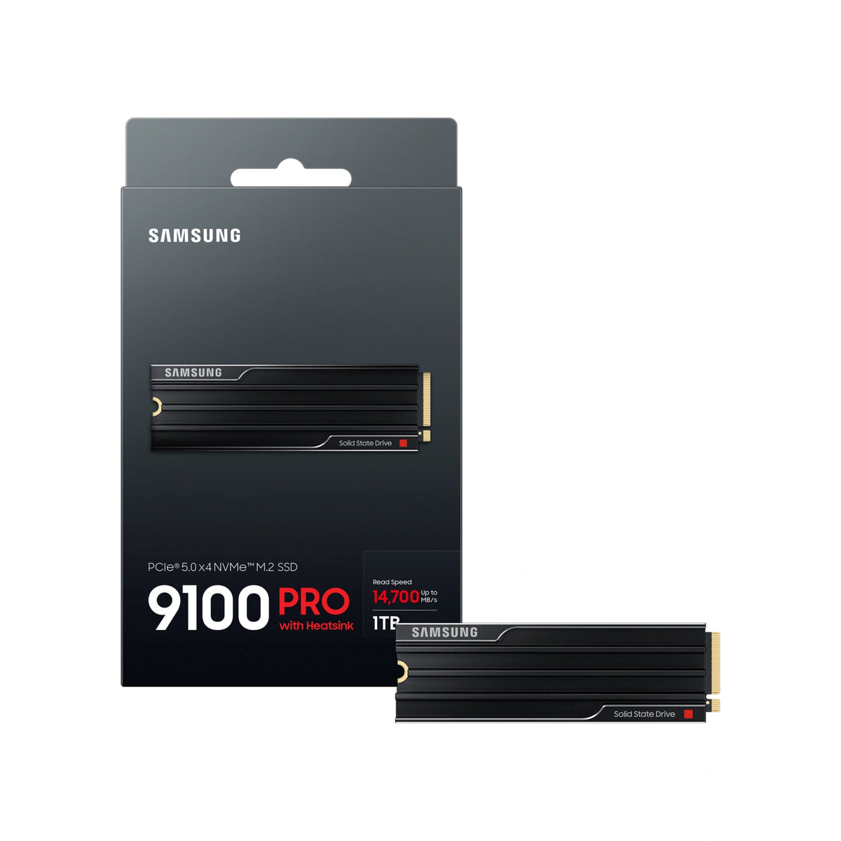Samsung 9100 PRO 1 To avec dissipateur — contenu de la boîte du SSD M.2 NVMe PCIe 5.0 x4 sur fond blanc carré — réf. MZ-VAP1T0CW