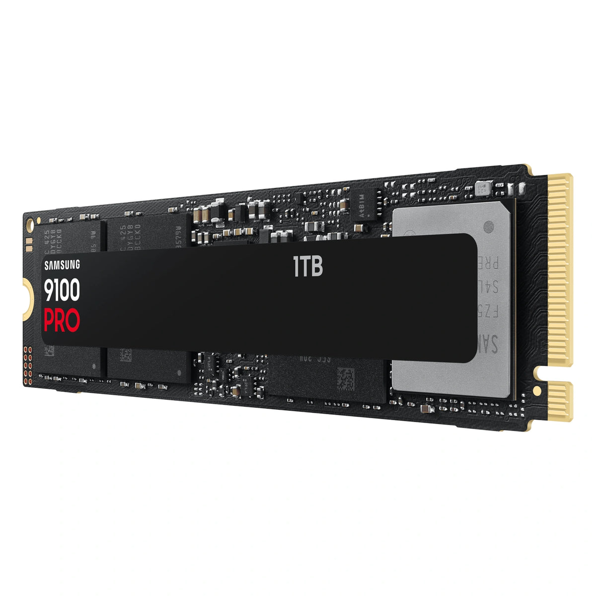 Samsung 9100 PRO 1 To — vue en perspective droite du SSD M.2 NVMe PCIe 5.0 x4 sur fond blanc carré — réf. MZ-VAP1T0BW