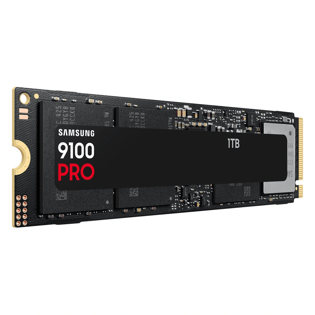 Samsung 9100 PRO 1 To — vue en perspective gauche du SSD M.2 NVMe PCIe 5.0 x4 sur fond blanc carré — réf. MZ-VAP1T0BW