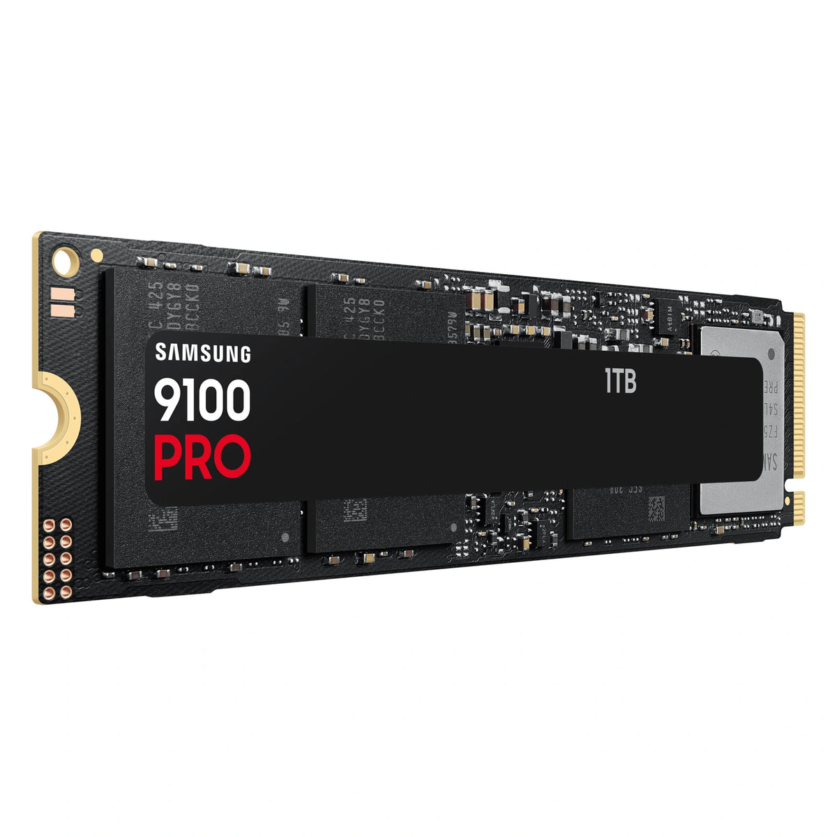 Samsung 9100 PRO 1 To — vue en perspective gauche du SSD M.2 NVMe PCIe 5.0 x4 sur fond blanc carré — réf. MZ-VAP1T0BW