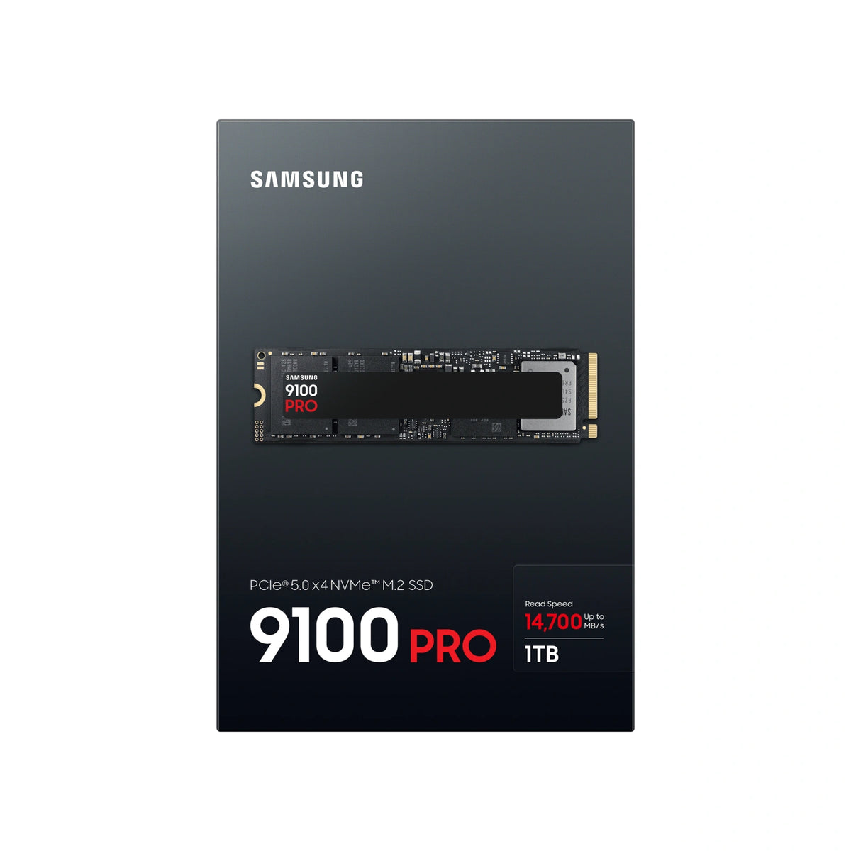 Samsung 9100 PRO 1 To — face de l’emballage du SSD M.2 NVMe PCIe 5.0 x4 sur fond blanc carré — réf. MZ-VAP1T0BW
