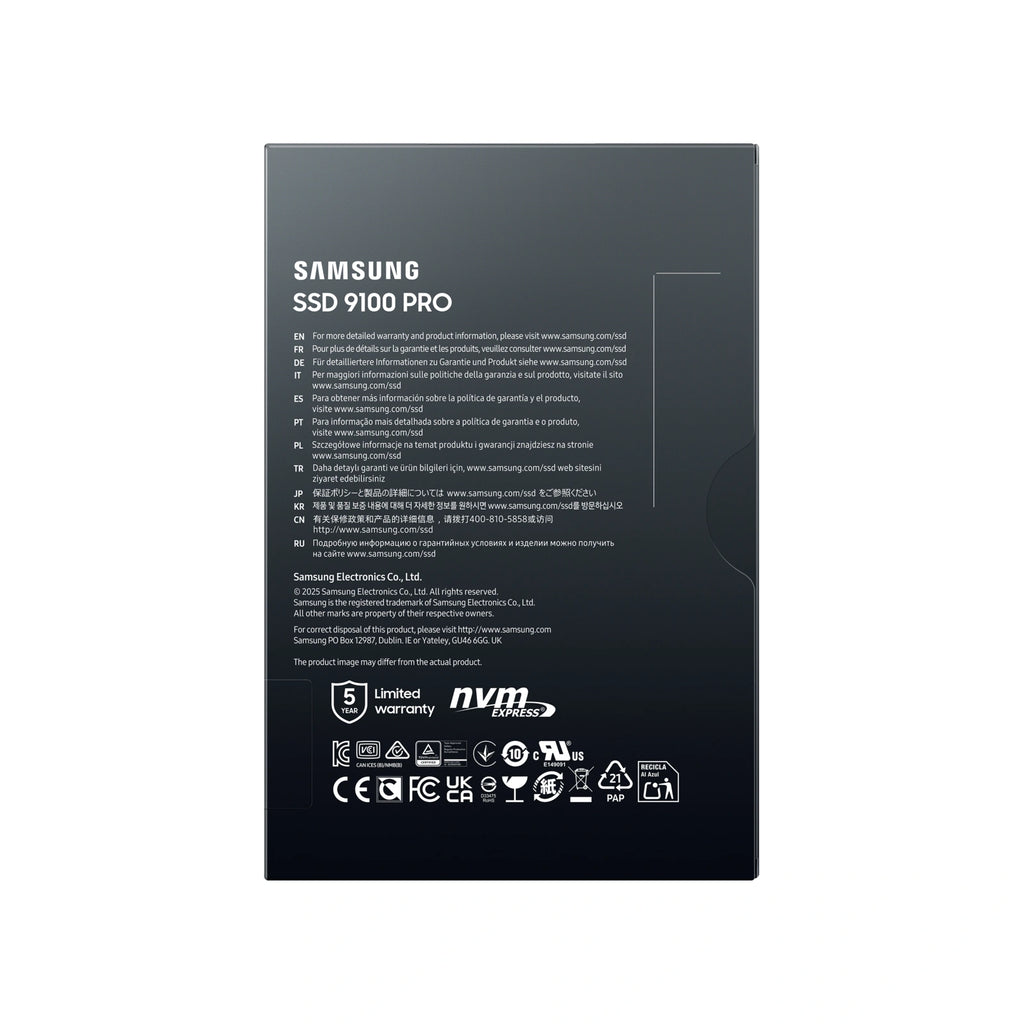 Samsung 9100 PRO 1 To — dos de l’emballage du SSD M.2 NVMe PCIe 5.0 x4 sur fond blanc carré — réf. MZ-VAP1T0BW