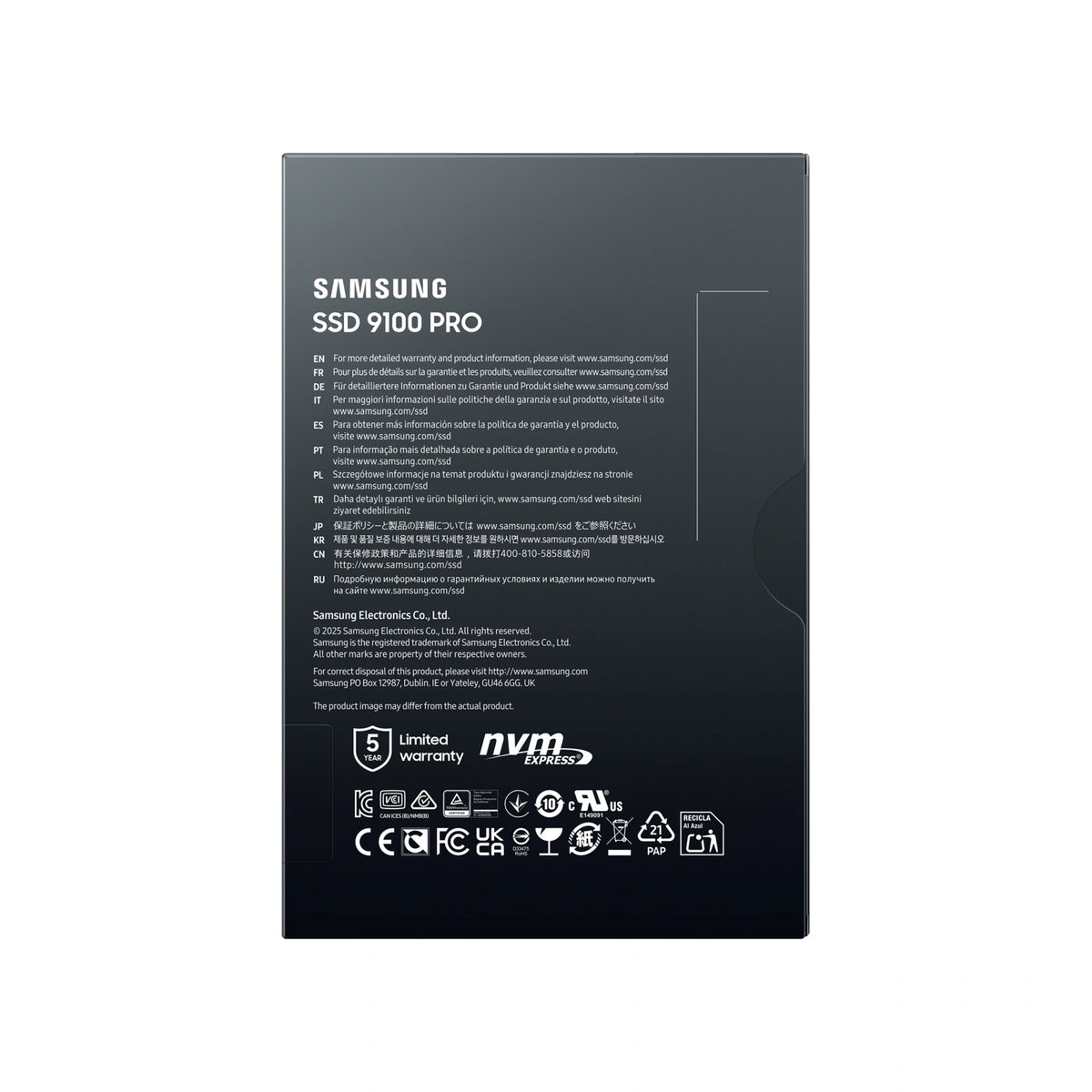 Samsung 9100 PRO 1 To — dos de l’emballage du SSD M.2 NVMe PCIe 5.0 x4 sur fond blanc carré — réf. MZ-VAP1T0BW