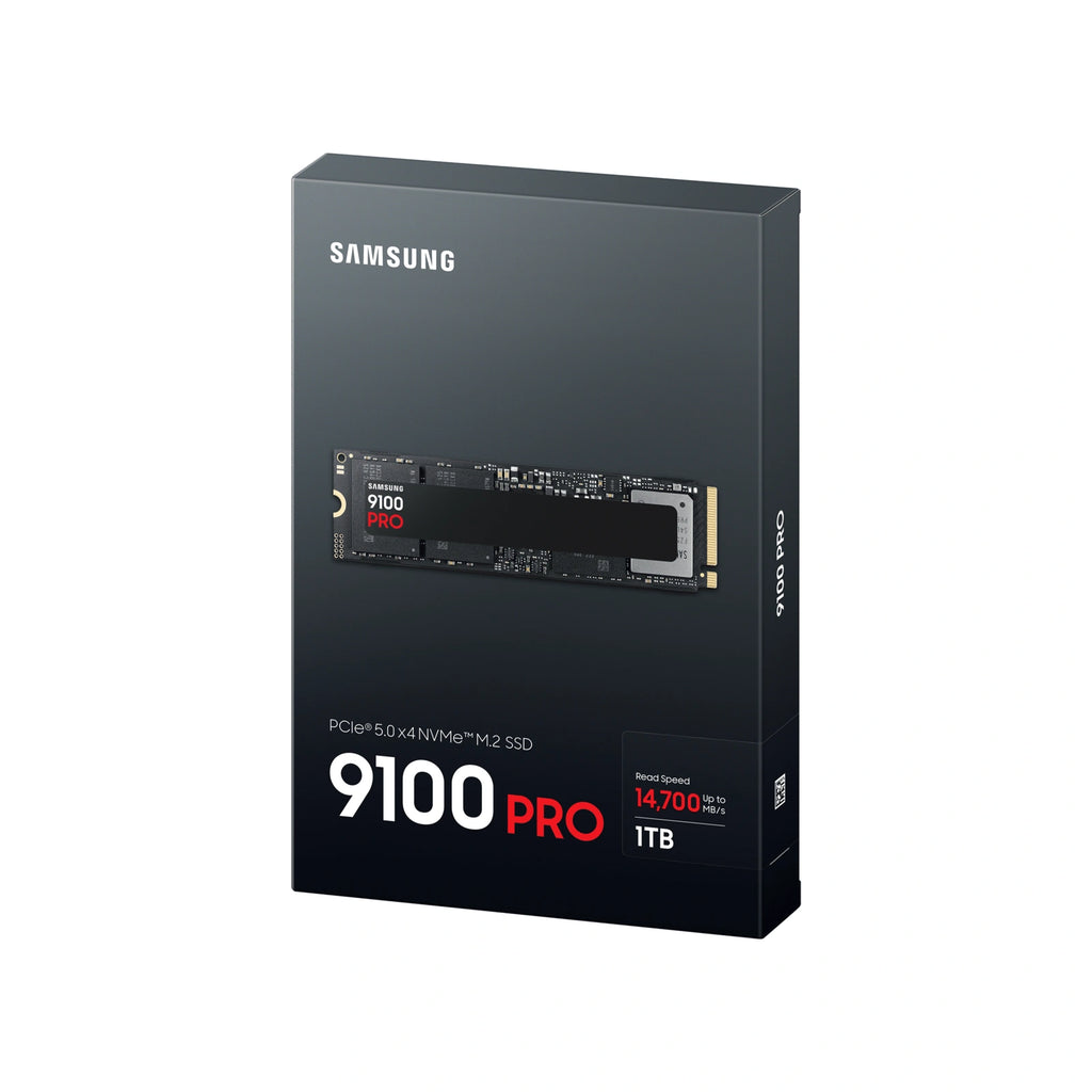 Samsung 9100 PRO 1 To — emballage en perspective du SSD M.2 NVMe PCIe 5.0 x4 sur fond blanc carré — réf. MZ-VAP1T0BW