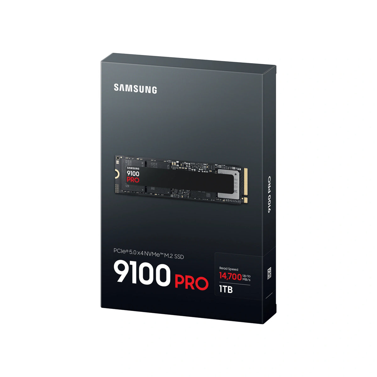 Samsung 9100 PRO 1 To — emballage en perspective du SSD M.2 NVMe PCIe 5.0 x4 sur fond blanc carré — réf. MZ-VAP1T0BW