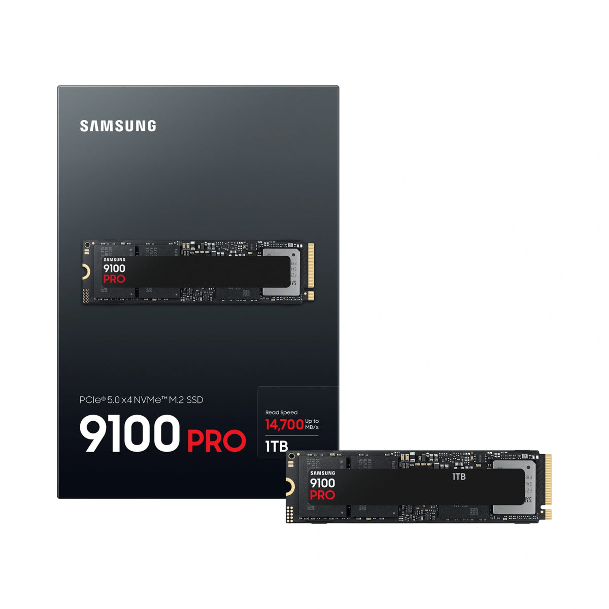Samsung 9100 PRO 1 To — contenu de la boîte du SSD M.2 NVMe PCIe 5.0 x4 sur fond blanc carré — réf. MZ-VAP1T0BW