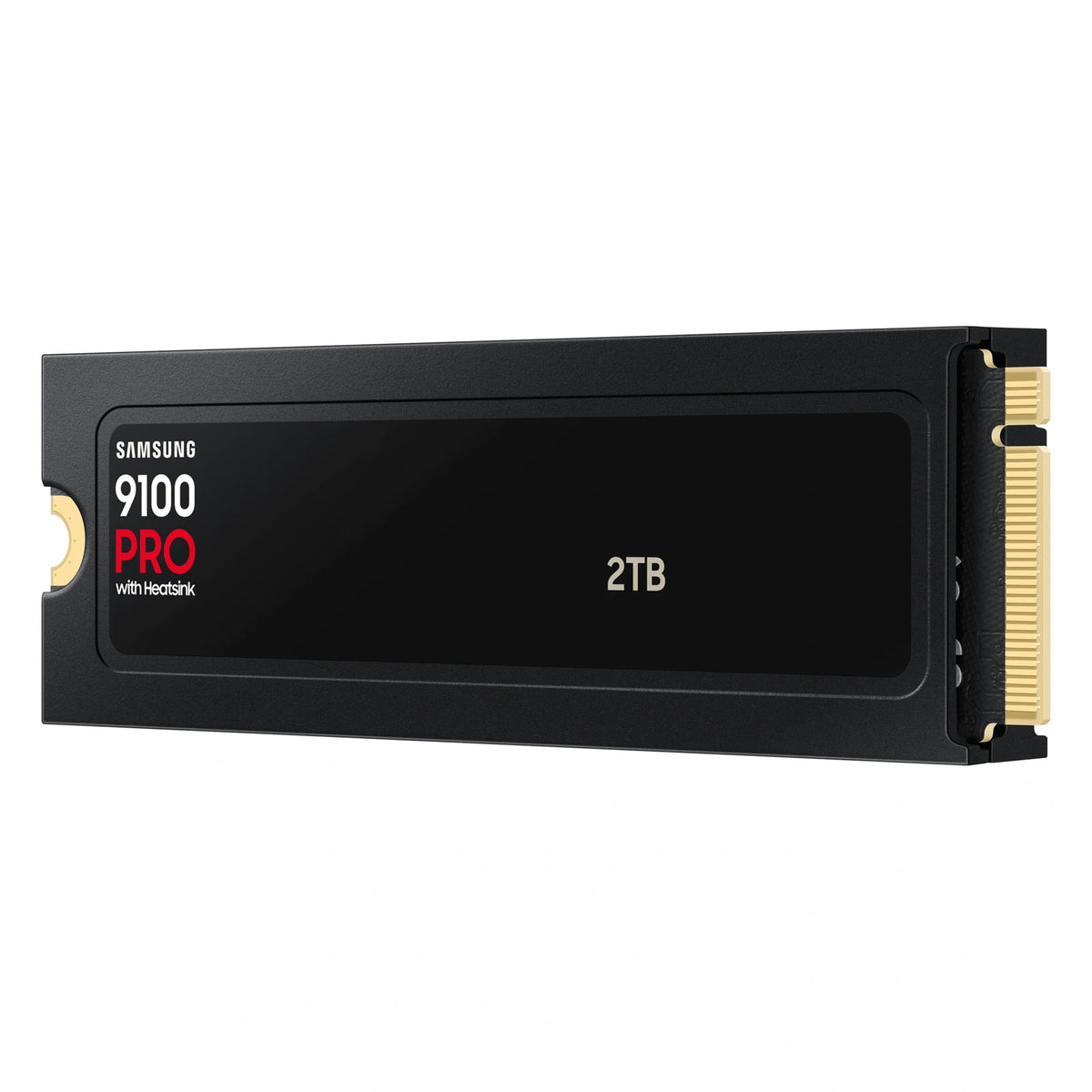 Samsung 9100 PRO 2 To avec dissipateur — vue en perspective droite côté étiquette du SSD M.2 NVMe PCIe 5.0 x4 sur fond blanc carré — réf. MZ-VAP2T0CW