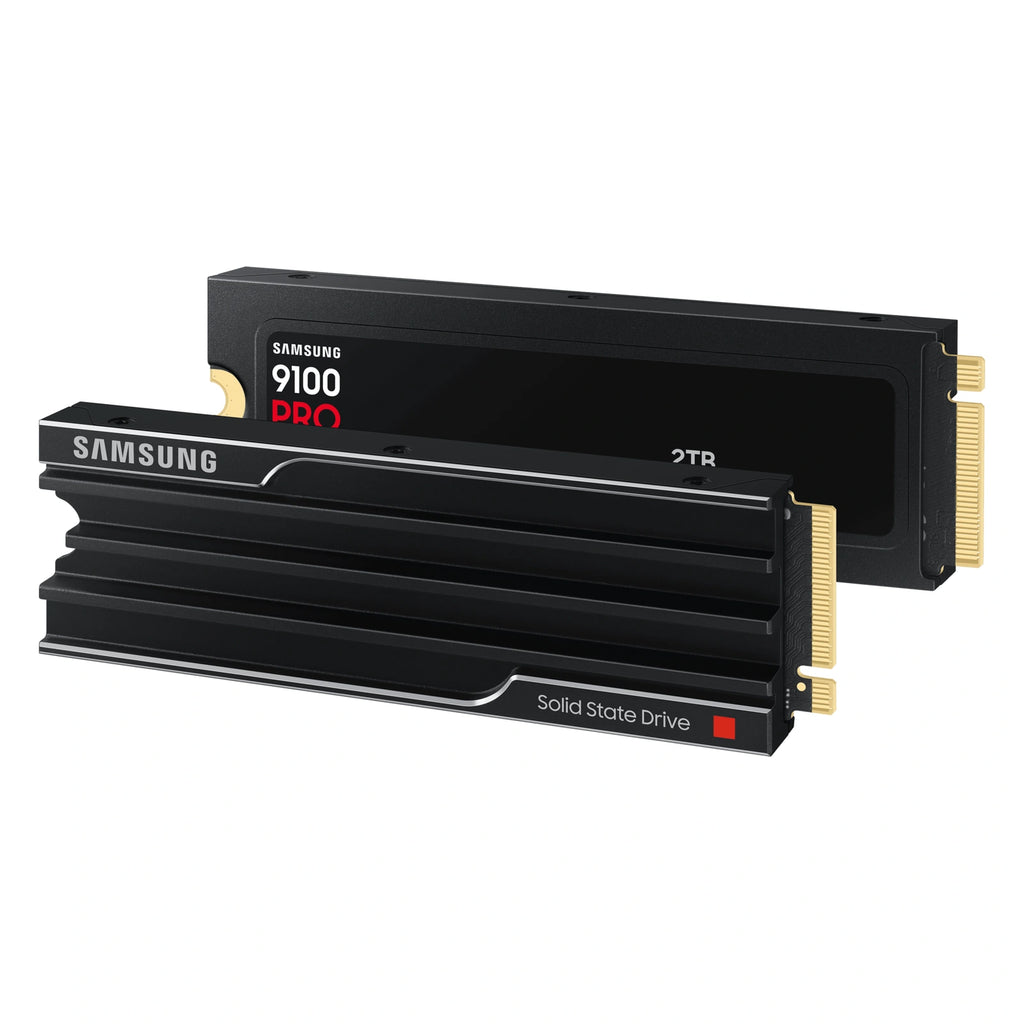 Samsung 9100 PRO 2 To avec dissipateur — double vue du SSD avec dissipateur du SSD M.2 NVMe PCIe 5.0 x4 sur fond blanc carré — réf. MZ-VAP2T0CW