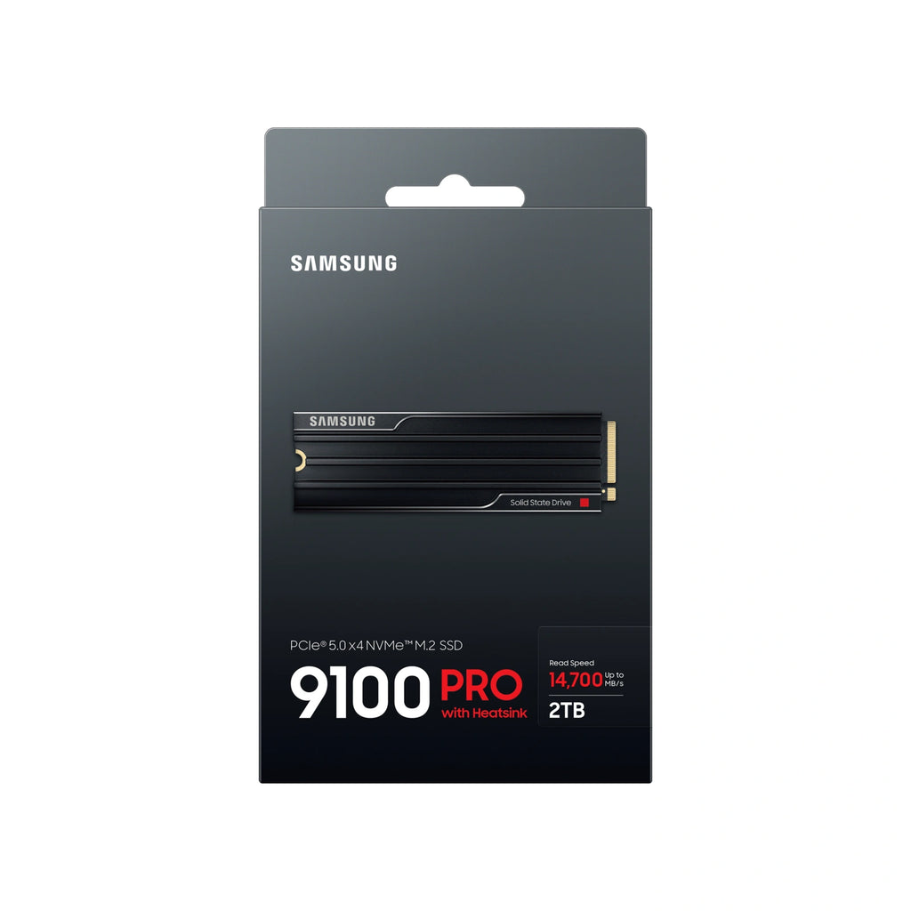 Samsung 9100 PRO 2 To avec dissipateur — face de l’emballage du SSD M.2 NVMe PCIe 5.0 x4 sur fond blanc carré — réf. MZ-VAP2T0CW