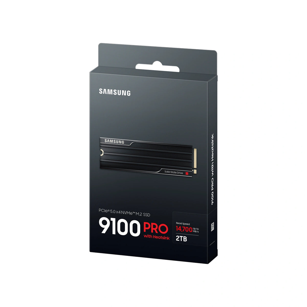 Samsung 9100 PRO 2 To avec dissipateur — emballage en perspective du SSD M.2 NVMe PCIe 5.0 x4 sur fond blanc carré — réf. MZ-VAP2T0CW