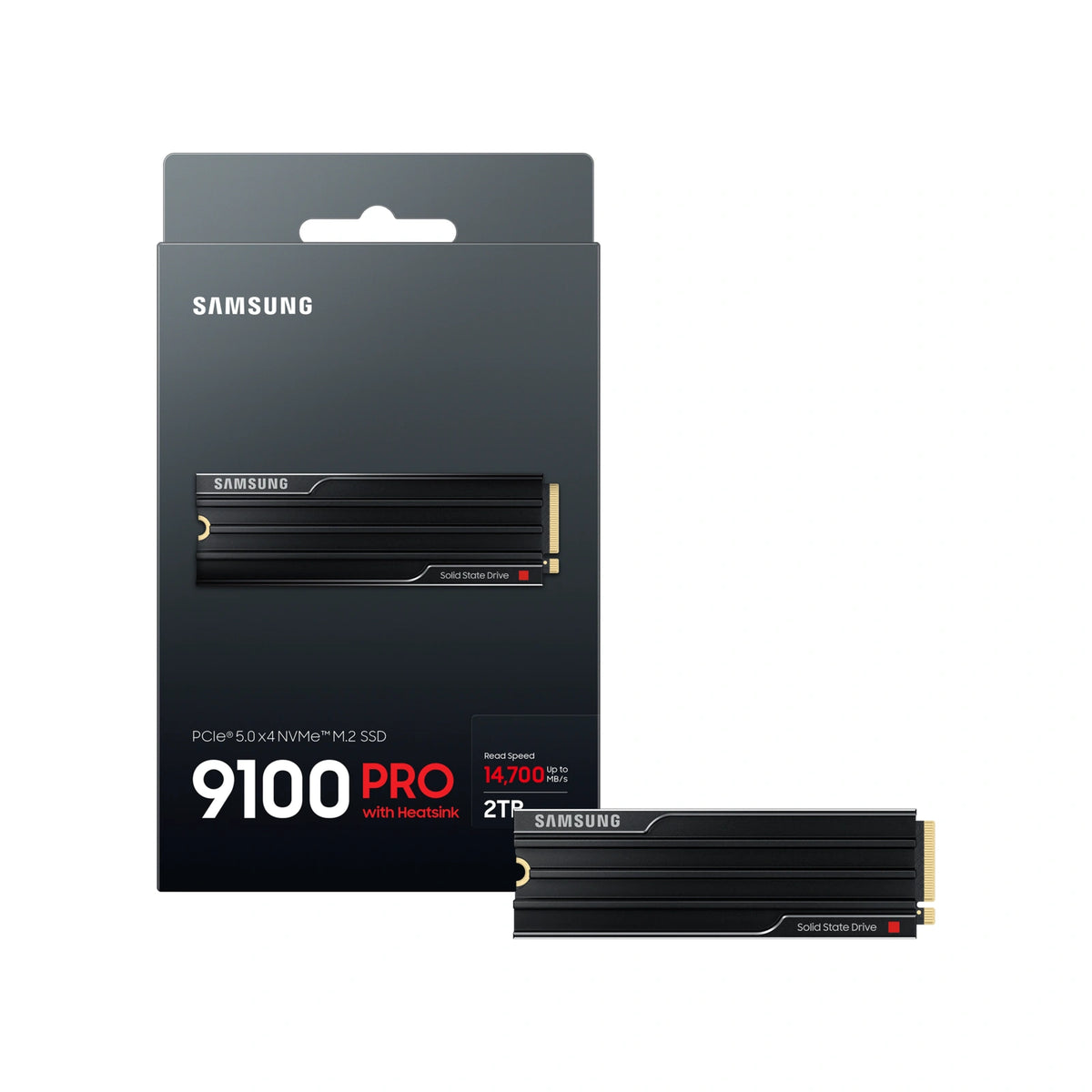 Samsung 9100 PRO 2 To avec dissipateur — contenu de la boîte du SSD M.2 NVMe PCIe 5.0 x4 sur fond blanc carré — réf. MZ-VAP2T0CW