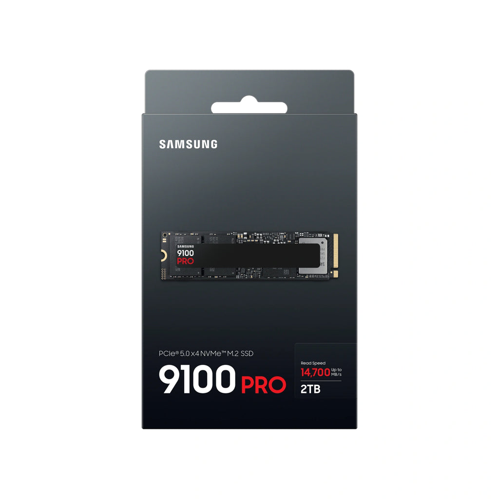 Samsung 9100 PRO 2 To — face de l’emballage du SSD M.2 NVMe PCIe 5.0 x4 sur fond blanc carré — réf. MZ-VAP2T0BW