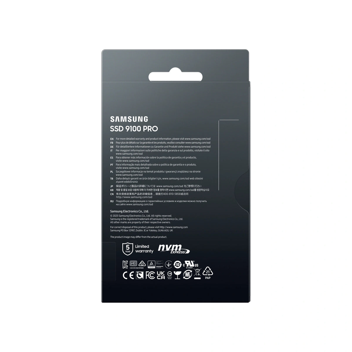 Samsung 9100 PRO 2 To — dos de l’emballage du SSD M.2 NVMe PCIe 5.0 x4 sur fond blanc carré — réf. MZ-VAP2T0BW