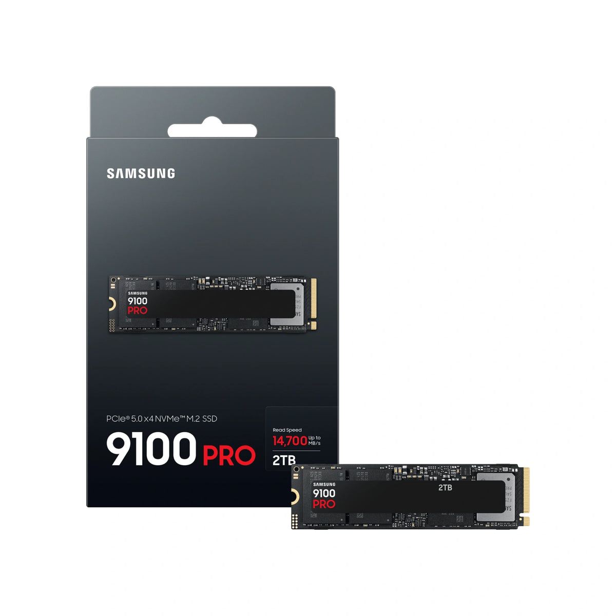 Samsung 9100 PRO 2 To — contenu de la boîte du SSD M.2 NVMe PCIe 5.0 x4 sur fond blanc carré — réf. MZ-VAP2T0BW