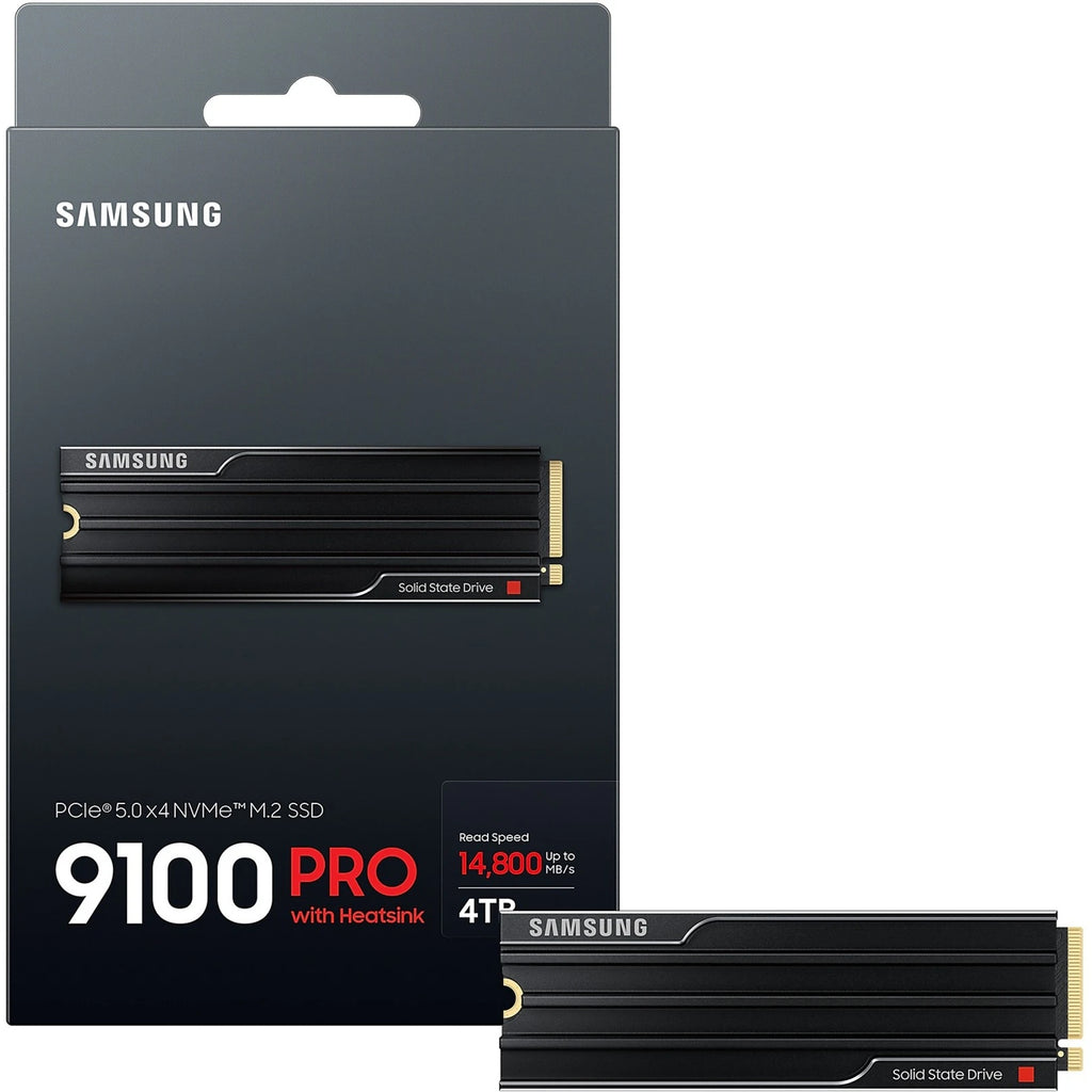 Samsung 9100 PRO 4 To avec dissipateur — contenu de la boîte du SSD M.2 NVMe PCIe 5.0 x4 sur fond blanc carré — réf. MZ-VAP4T0CW