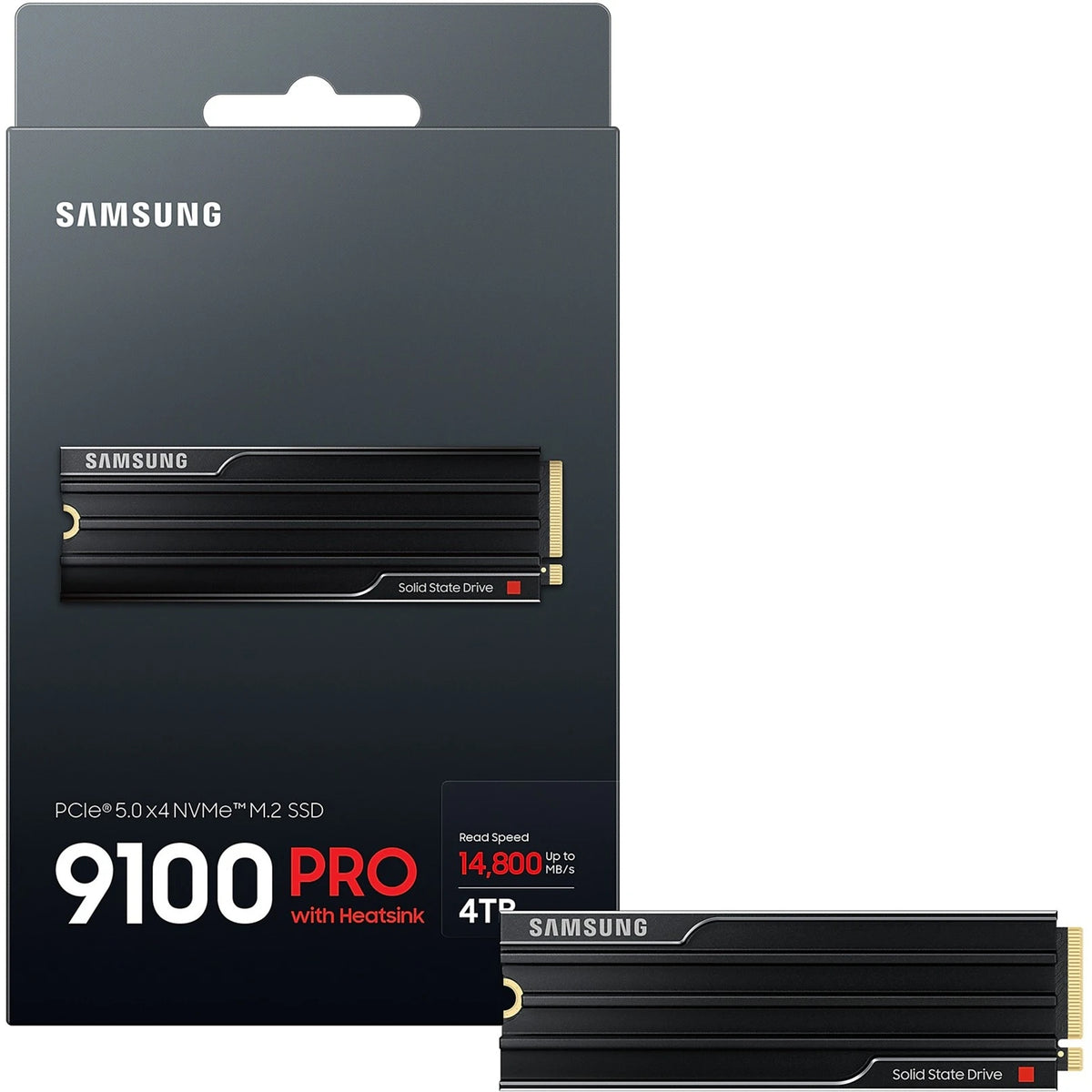 Samsung 9100 PRO 4 To avec dissipateur — contenu de la boîte du SSD M.2 NVMe PCIe 5.0 x4 sur fond blanc carré — réf. MZ-VAP4T0CW