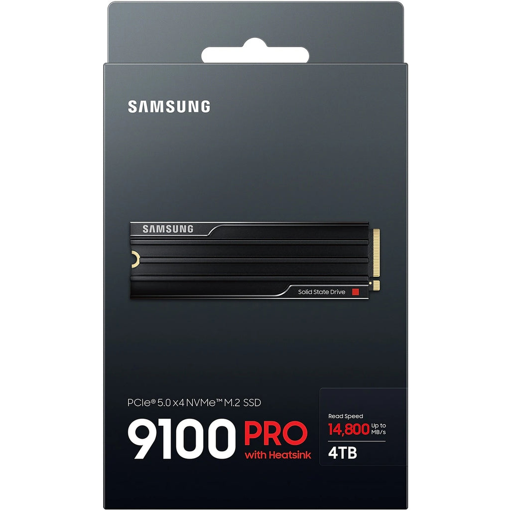 Samsung 9100 PRO 4 To avec dissipateur — face de l’emballage du SSD M.2 NVMe PCIe 5.0 x4 sur fond blanc carré — réf. MZ-VAP4T0CW