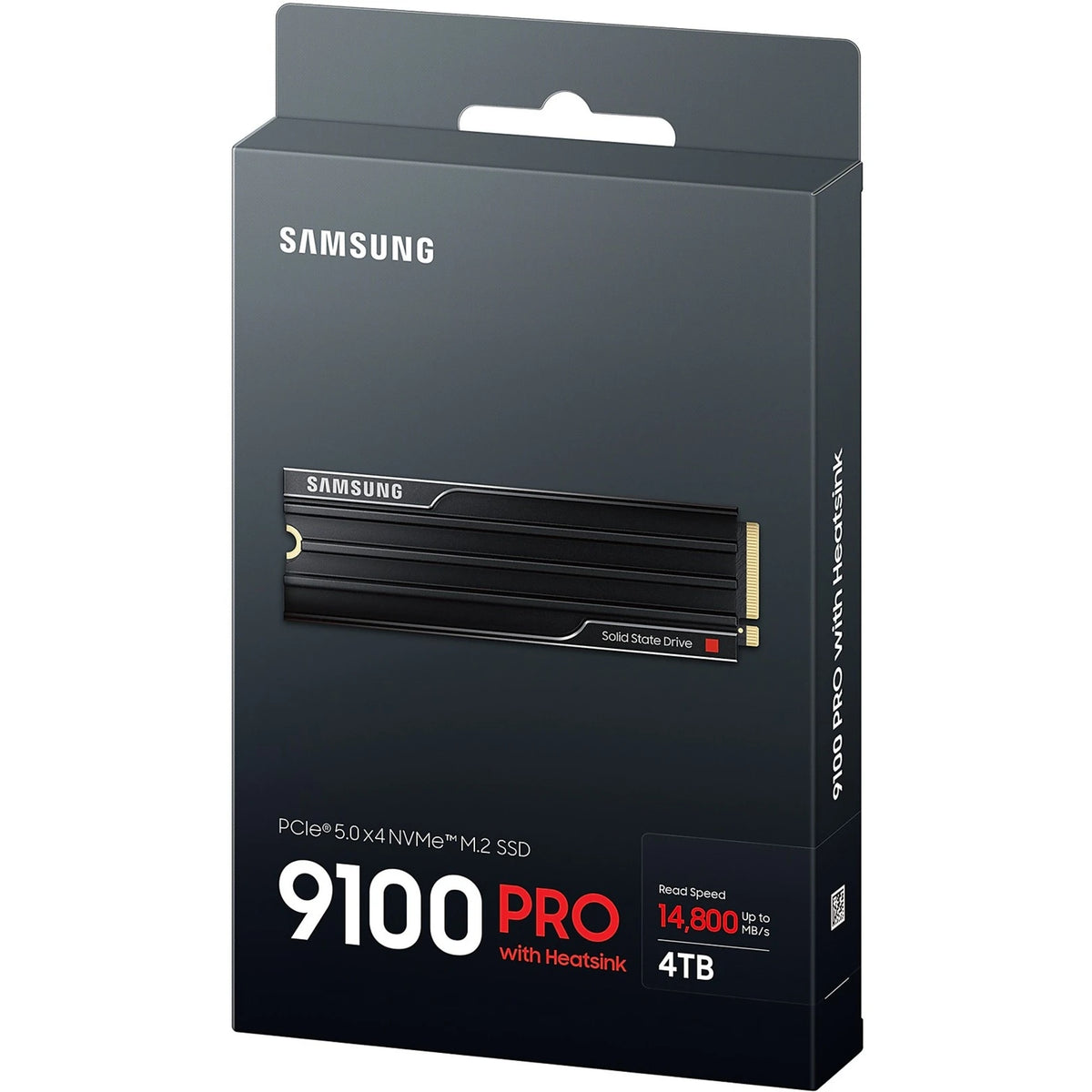 Samsung 9100 PRO 4 To avec dissipateur — emballage en perspective du SSD M.2 NVMe PCIe 5.0 x4 sur fond blanc carré — réf. MZ-VAP4T0CW