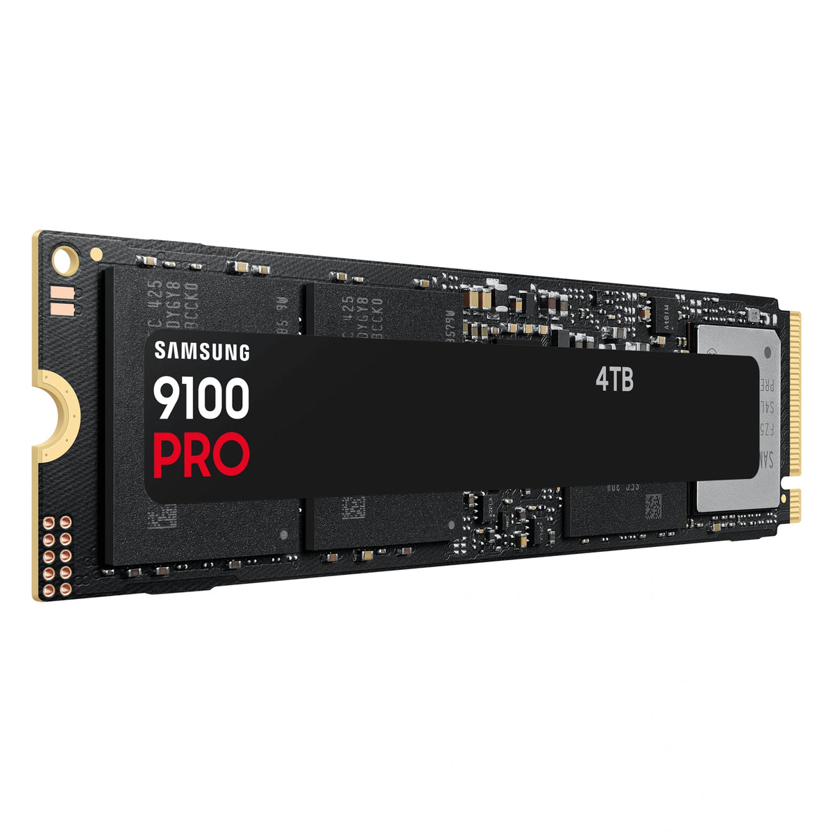 Samsung 9100 PRO 4 To — vue en perspective gauche du SSD M.2 NVMe PCIe 5.0 x4 sur fond blanc carré — réf. MZ-VAP4T0BW