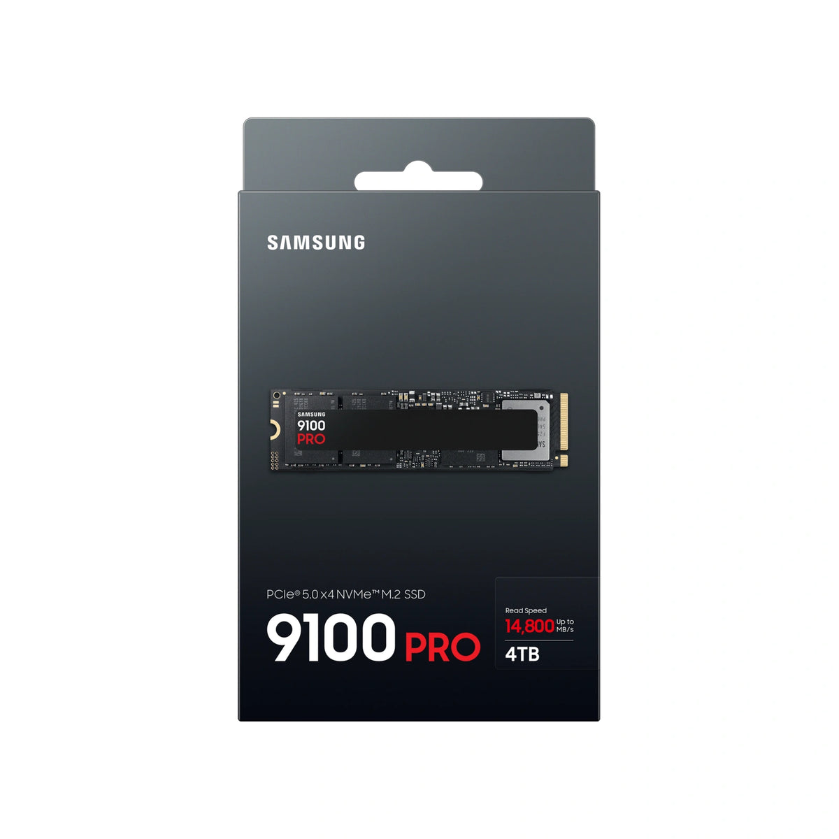 Samsung 9100 PRO 4 To — face de l’emballage du SSD M.2 NVMe PCIe 5.0 x4 sur fond blanc carré — réf. MZ-VAP4T0BW